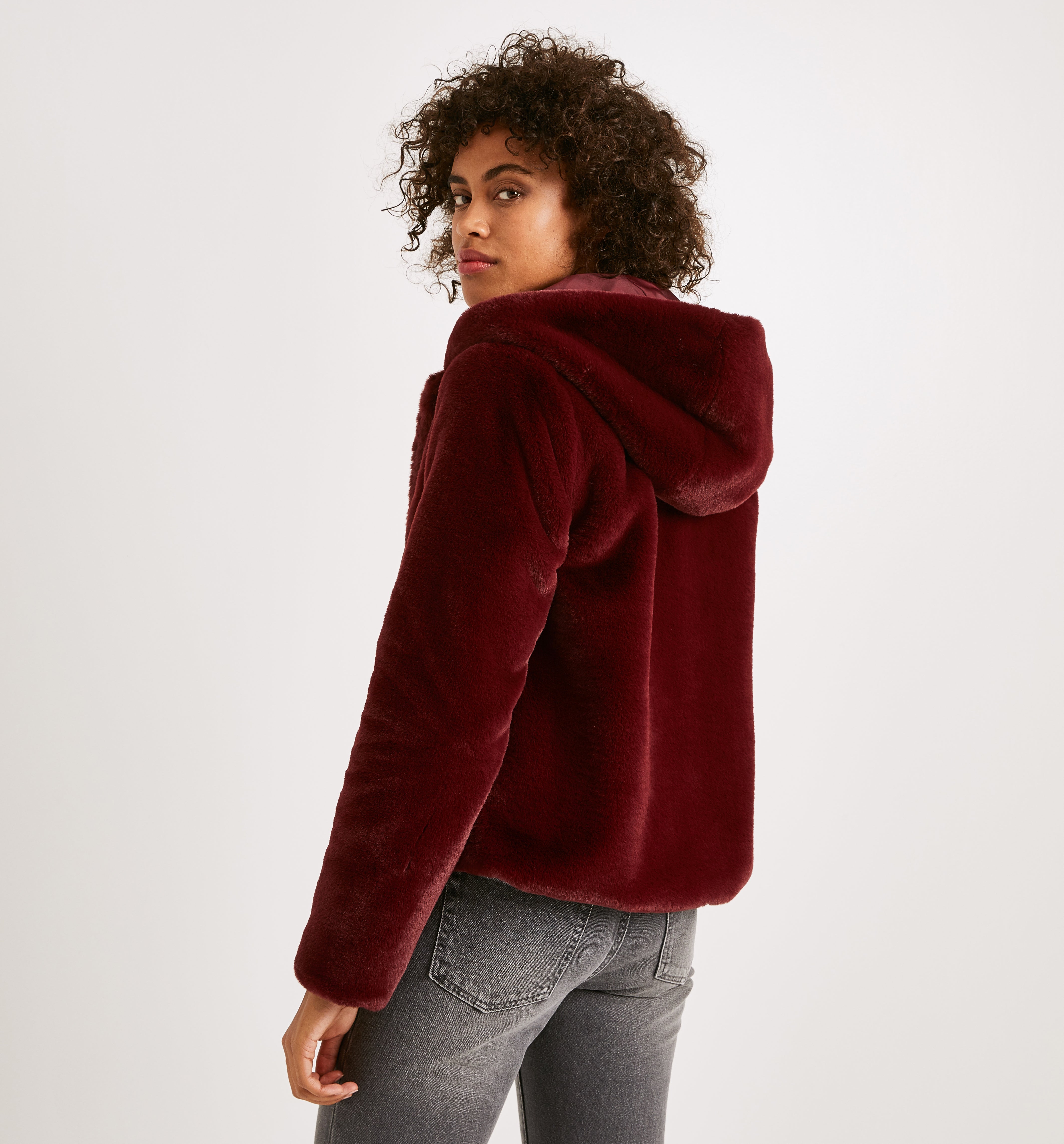 red cropped fur jacket