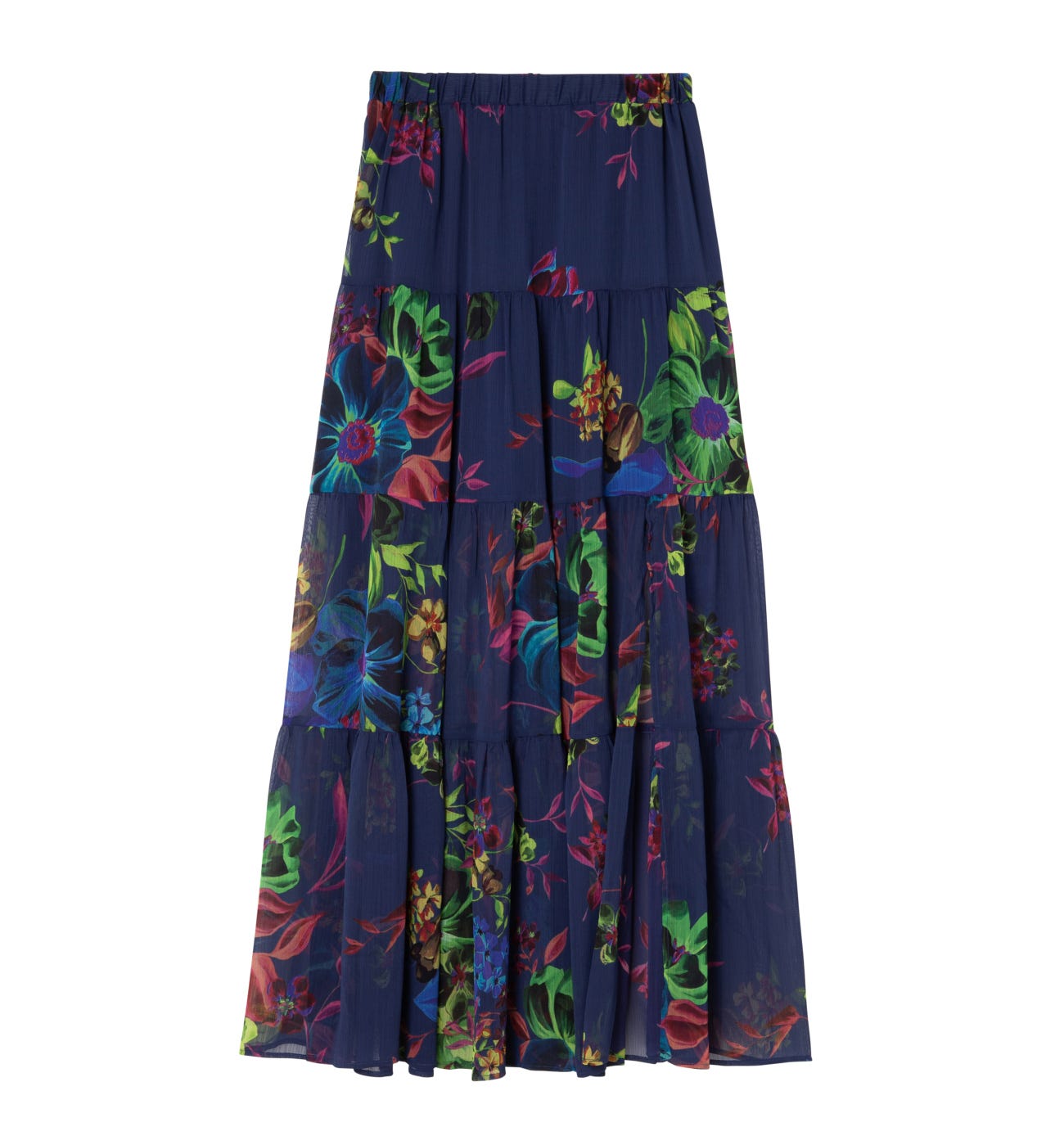 Long patterned voile skirt Navy blue print