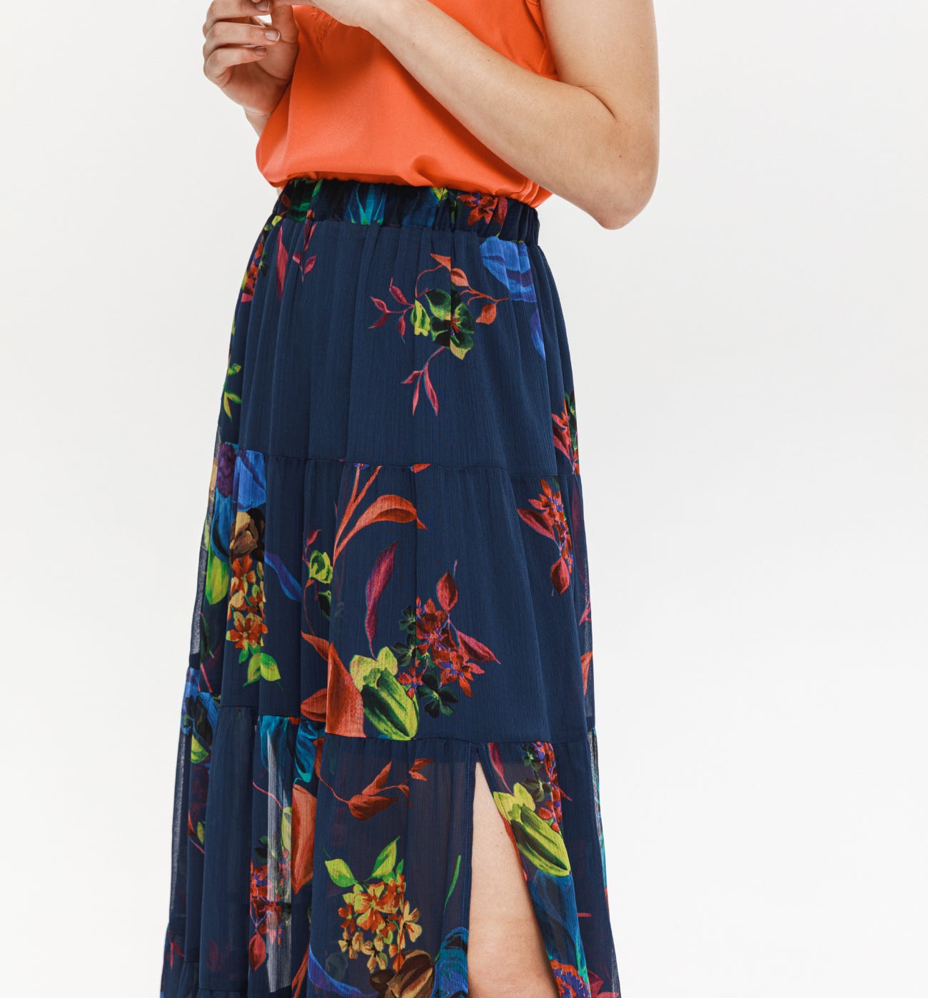 Long patterned voile skirt Navy blue print