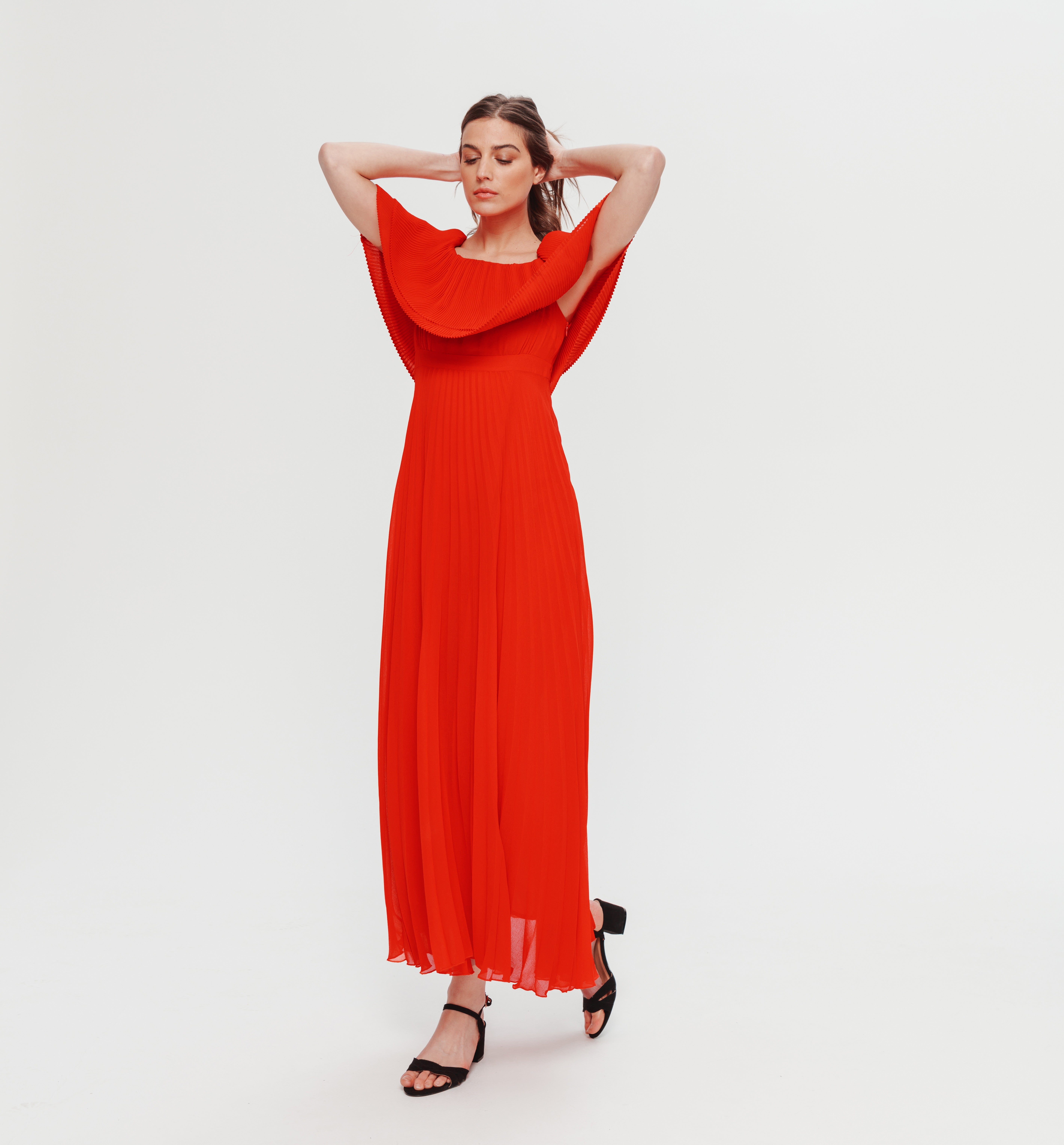 pleated bardot midi dress