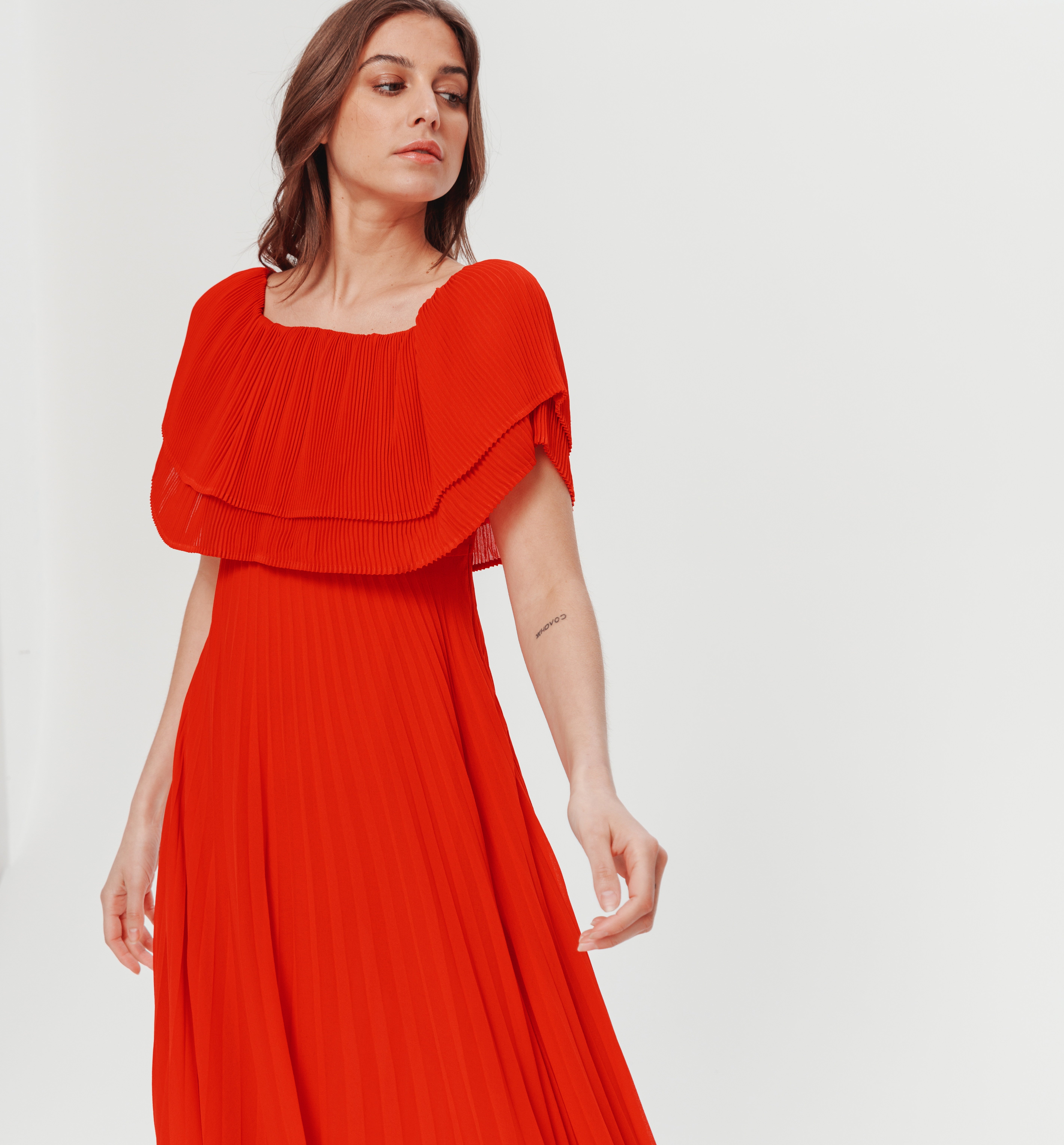 pleated bardot midi dress
