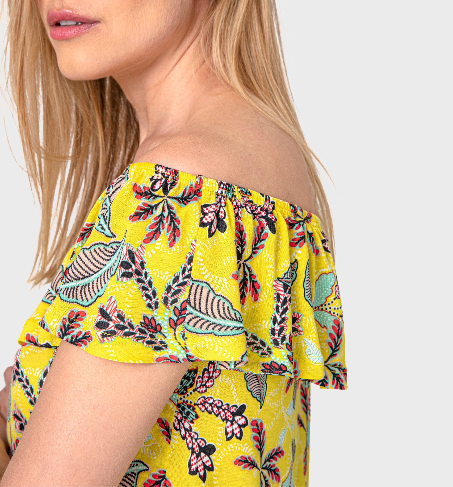 Top with a bardot neckline