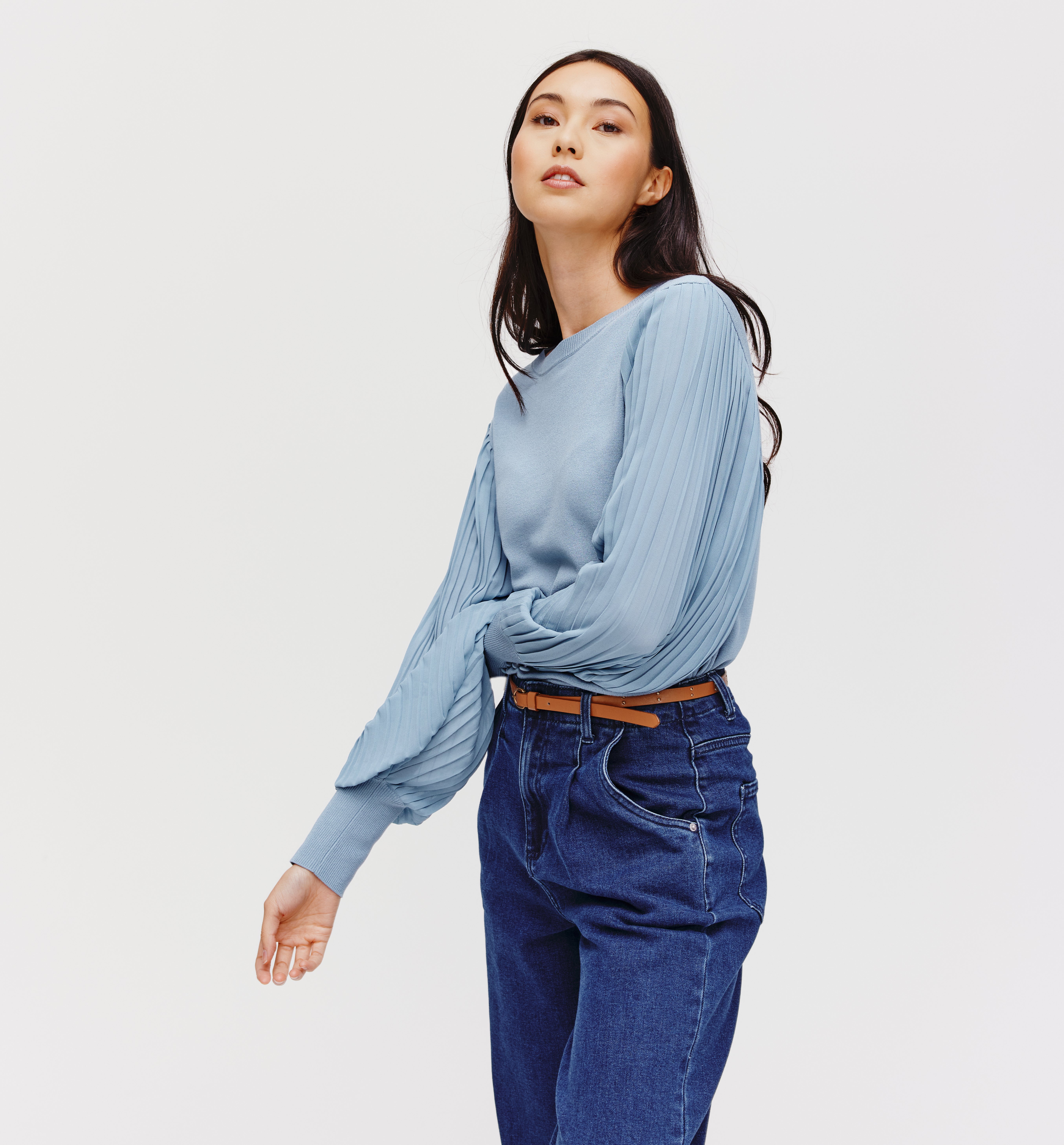 Jumper with pleat puff sleeves - Sky blue