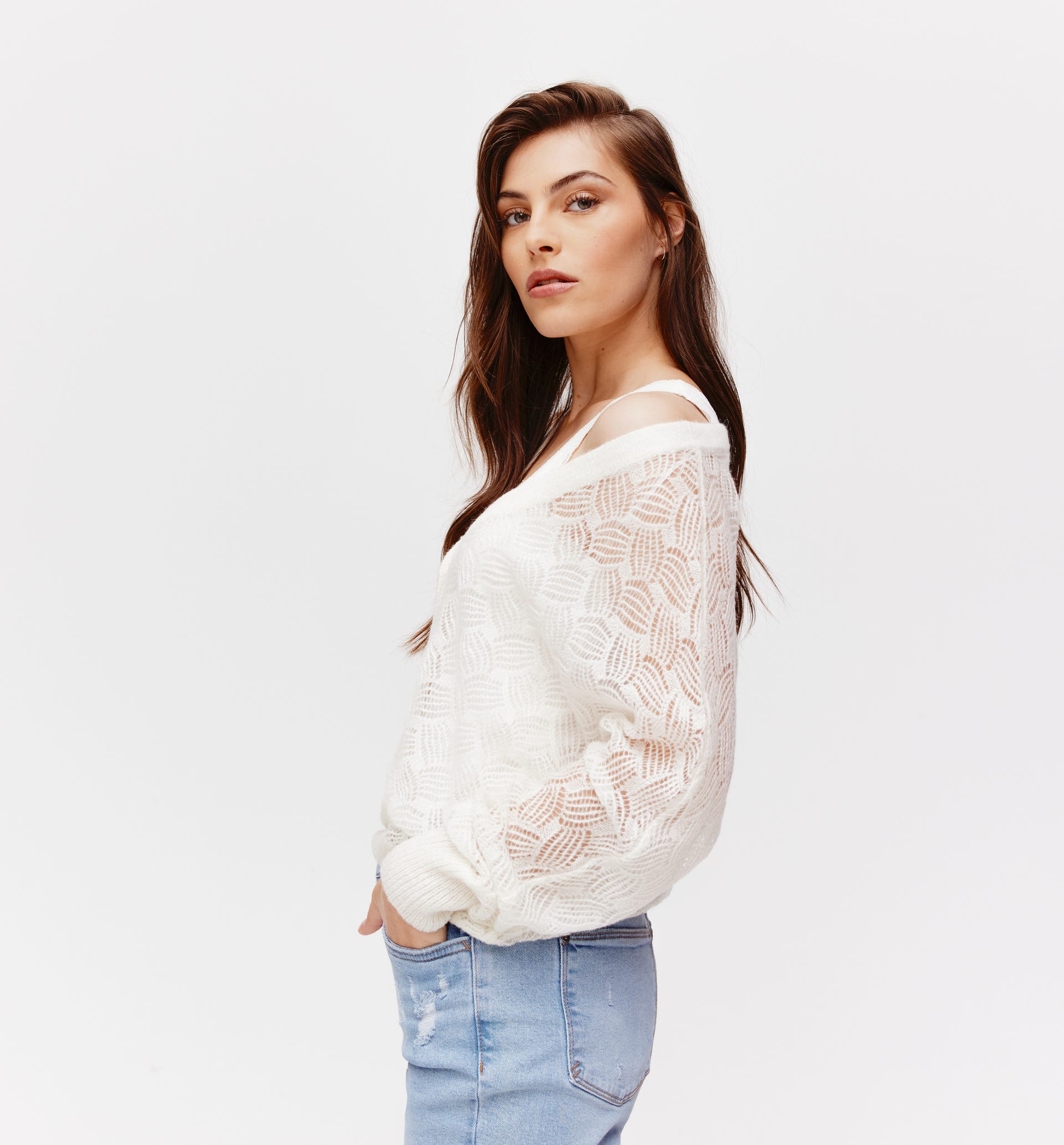 V-neck openwork cardigan.