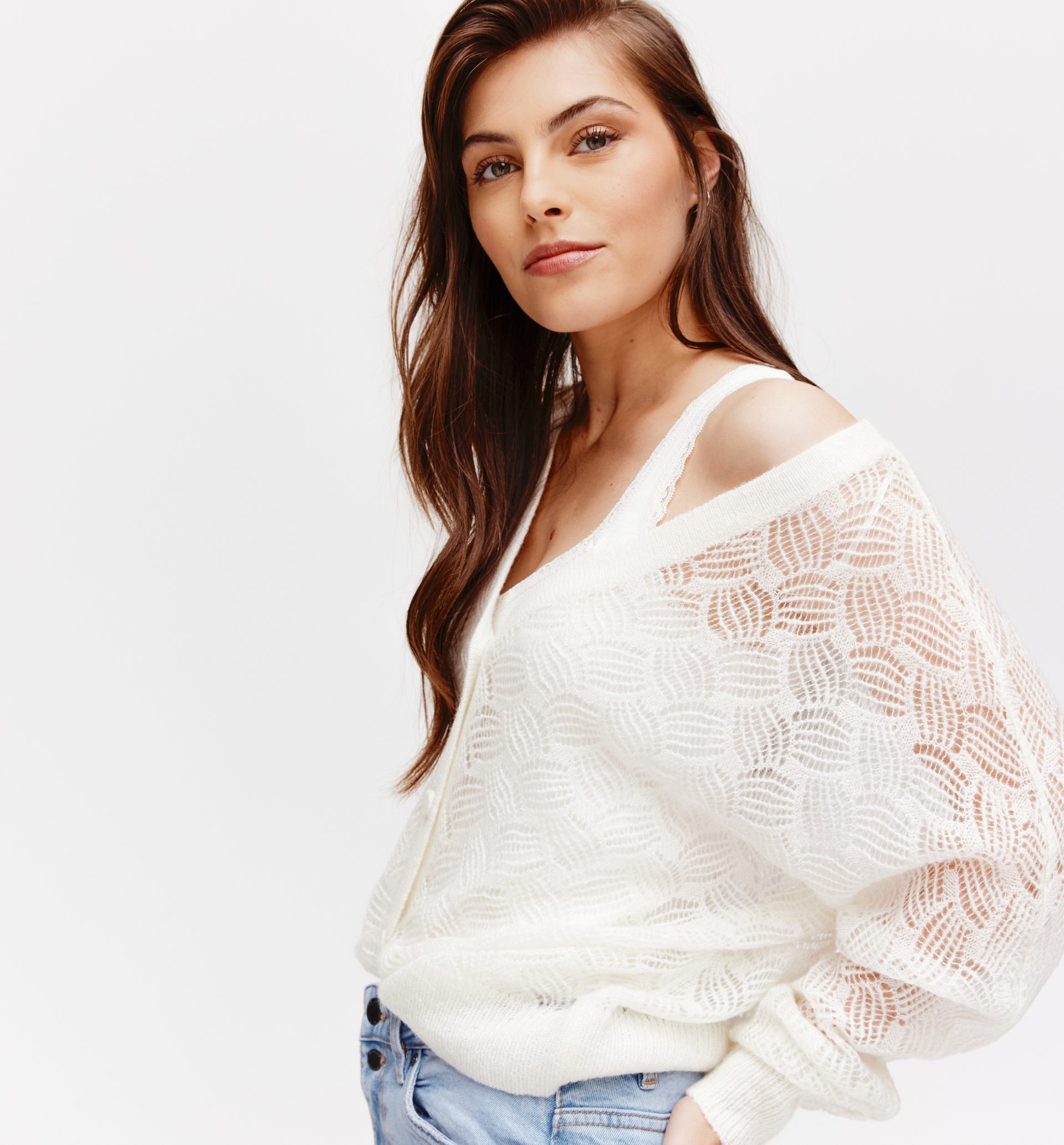 V-neck openwork cardigan.
