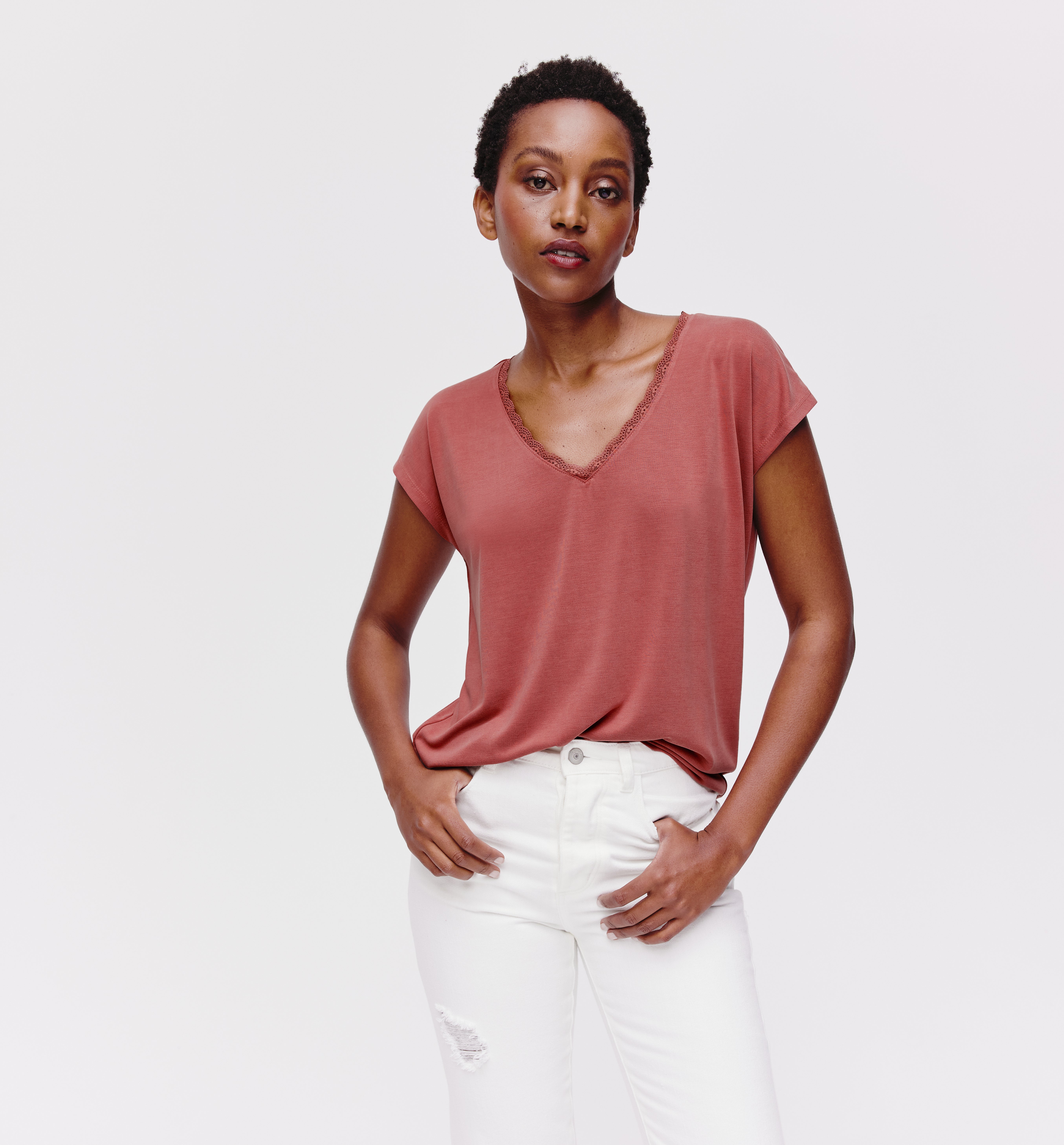 V-neck lace trim top - Pink
