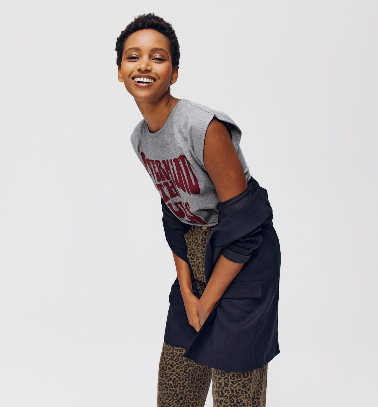 Top with shaped armholes Grey print