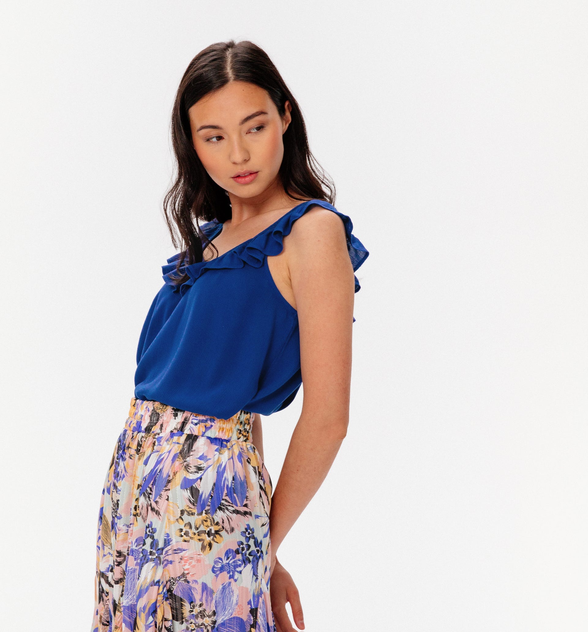 Top with frilly neckline
