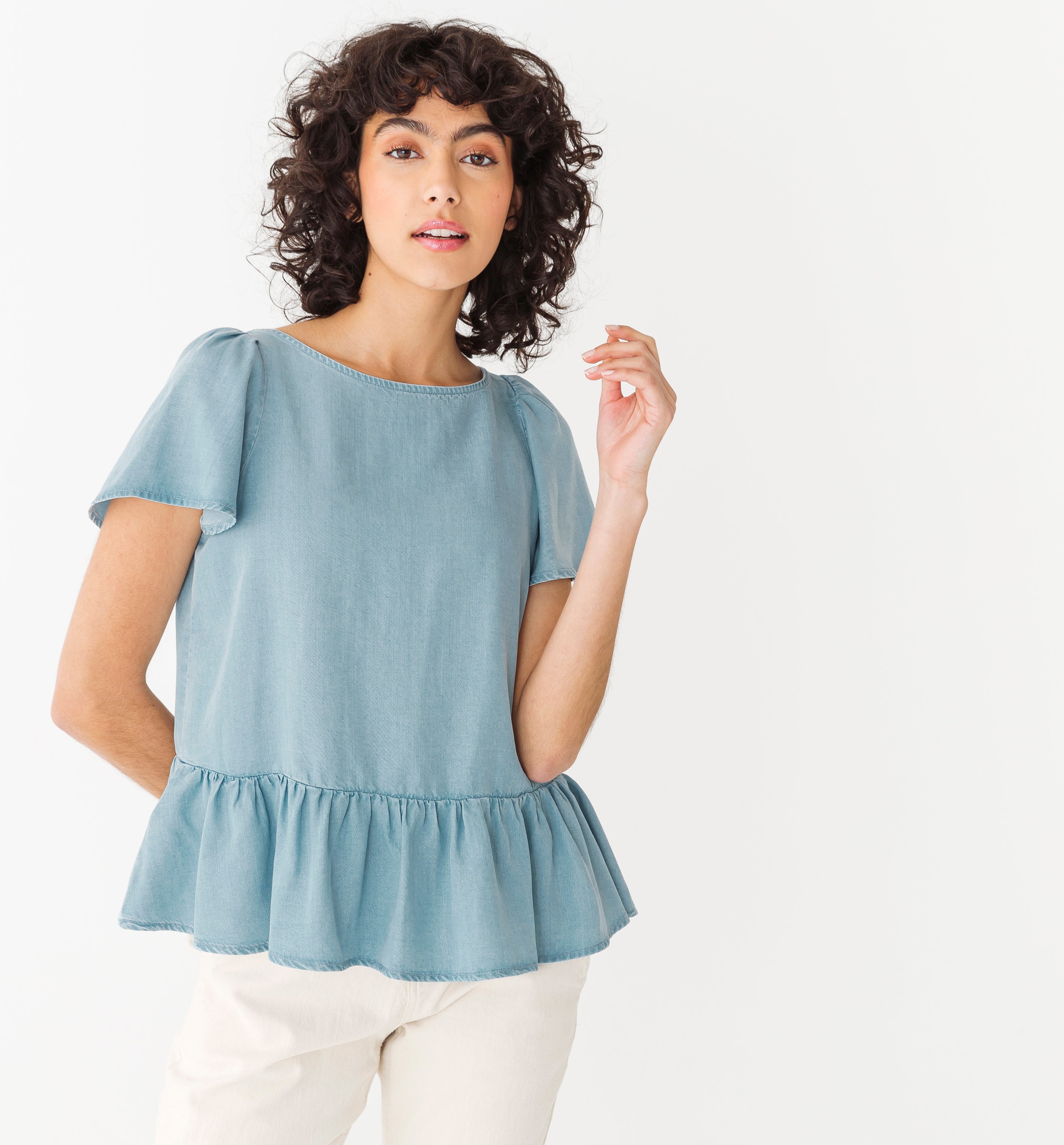 Lyocell hem-frill top - Light denim