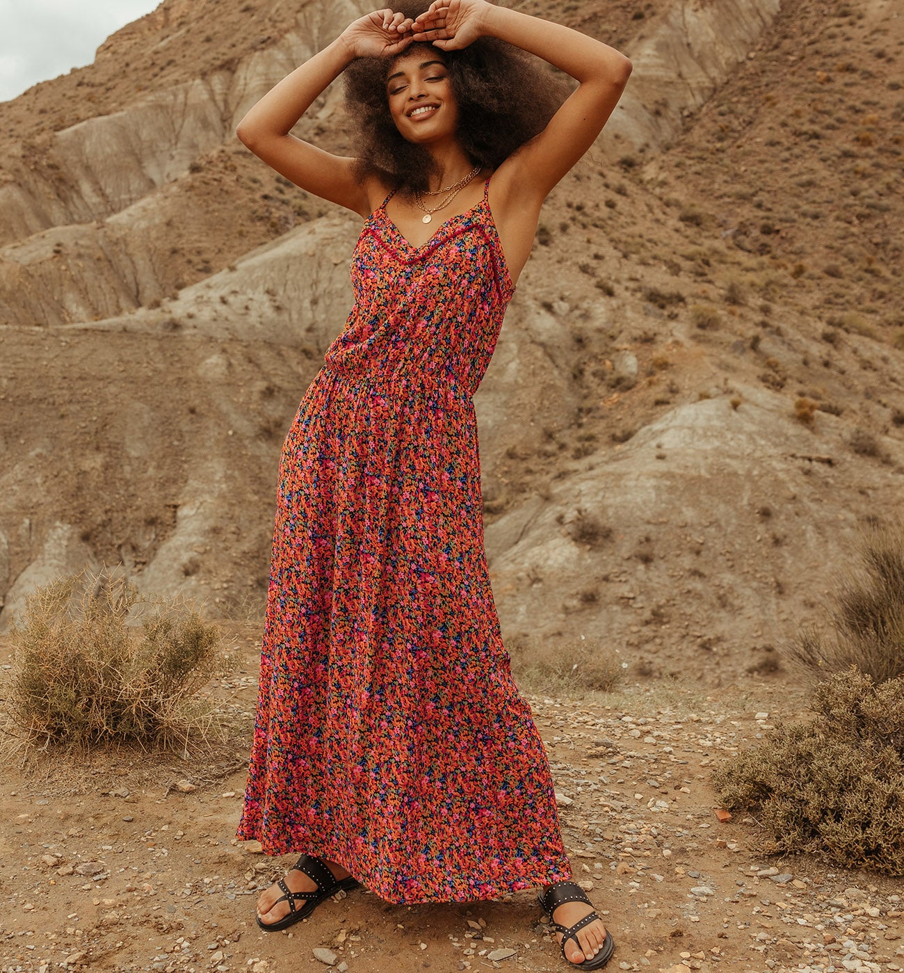 Maxikleid mit Trägern - Orange gemustert