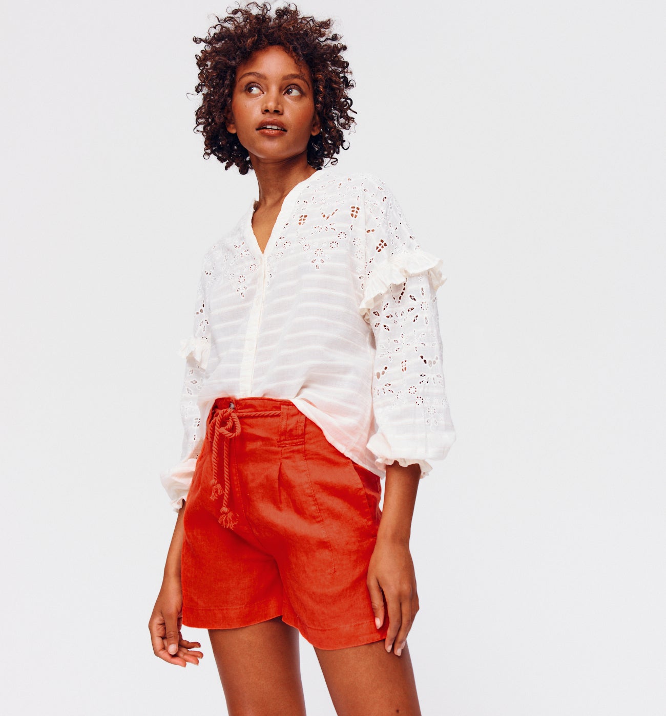 Linen high-waist shorts - Orange