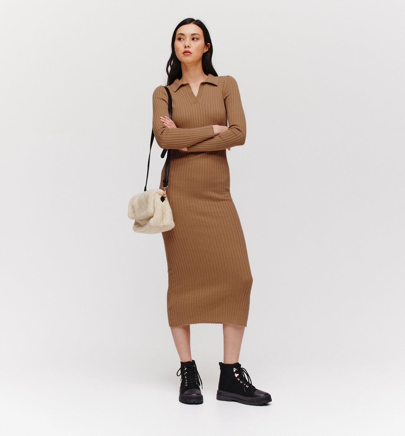 Ribbed polo dress - Camel