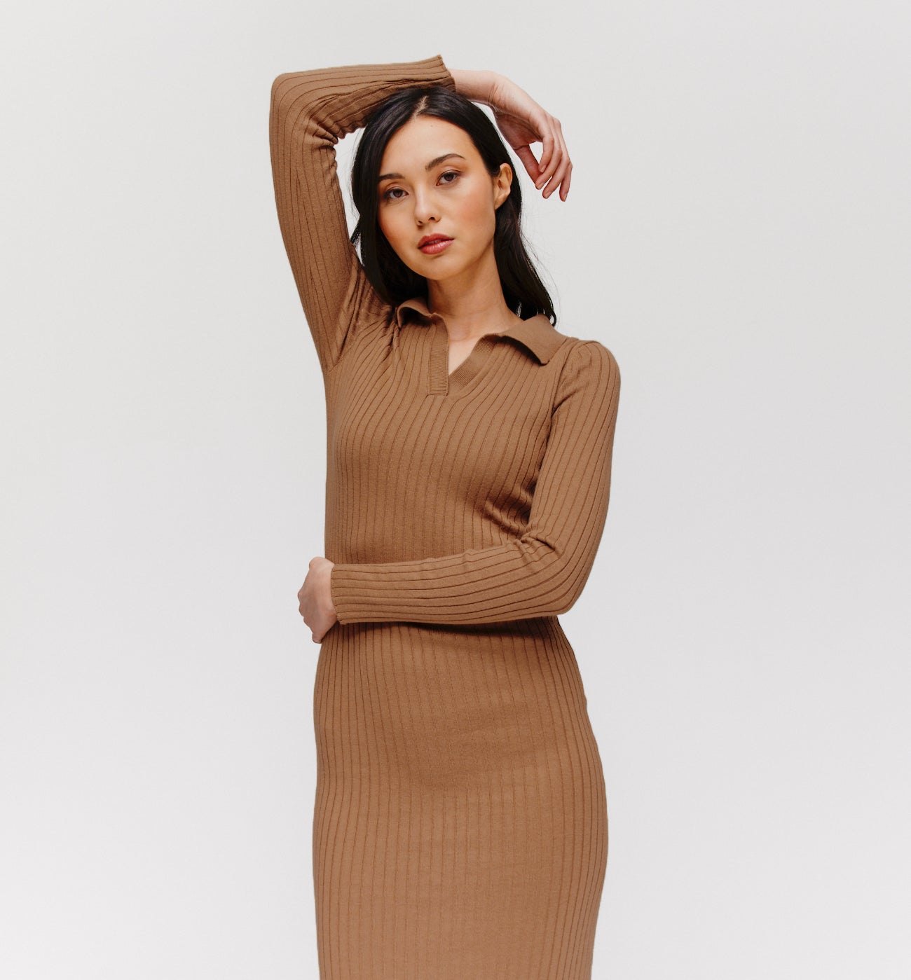 Ribbed polo dress - Camel