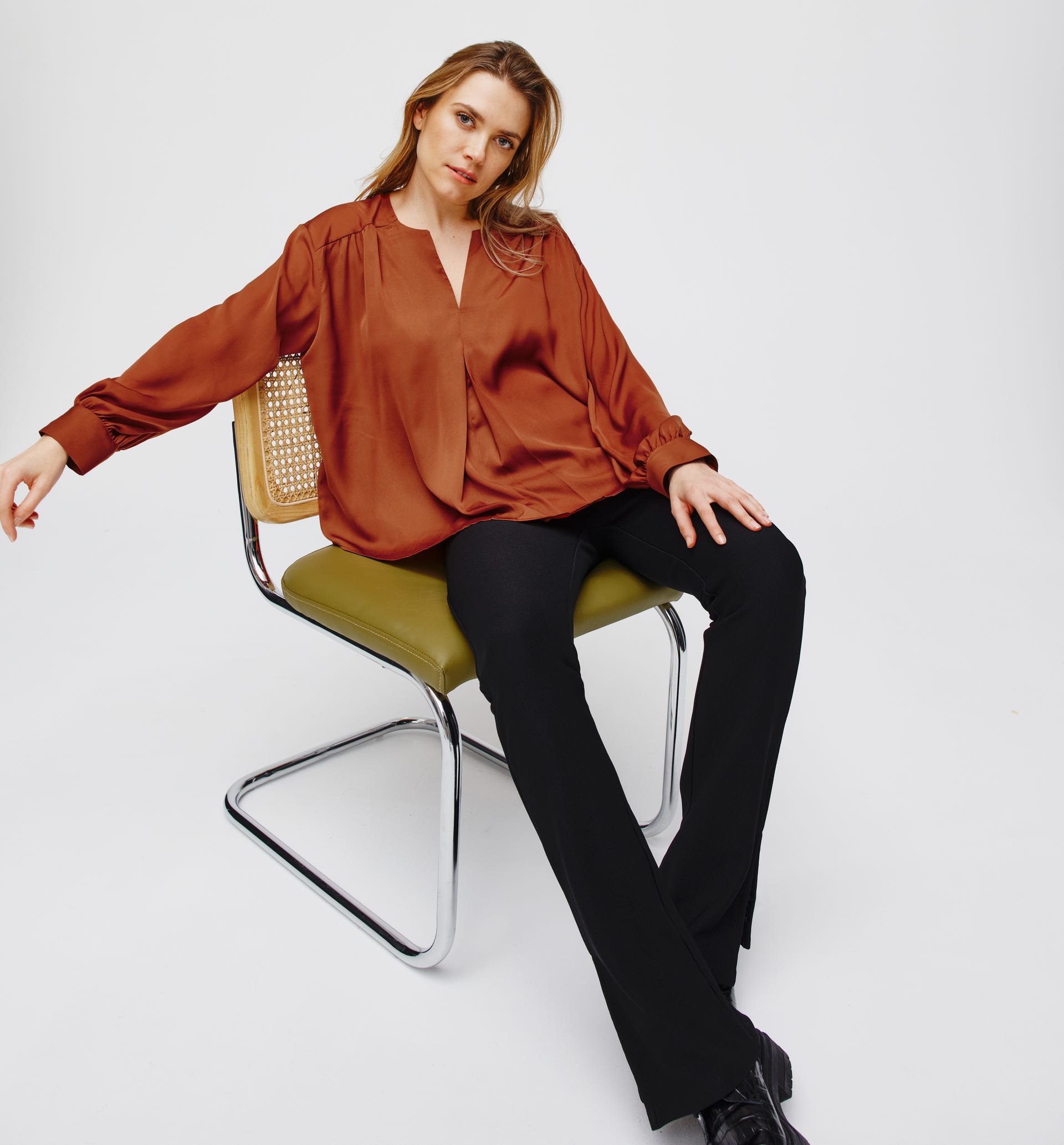 Silky puff-sleeved blouse