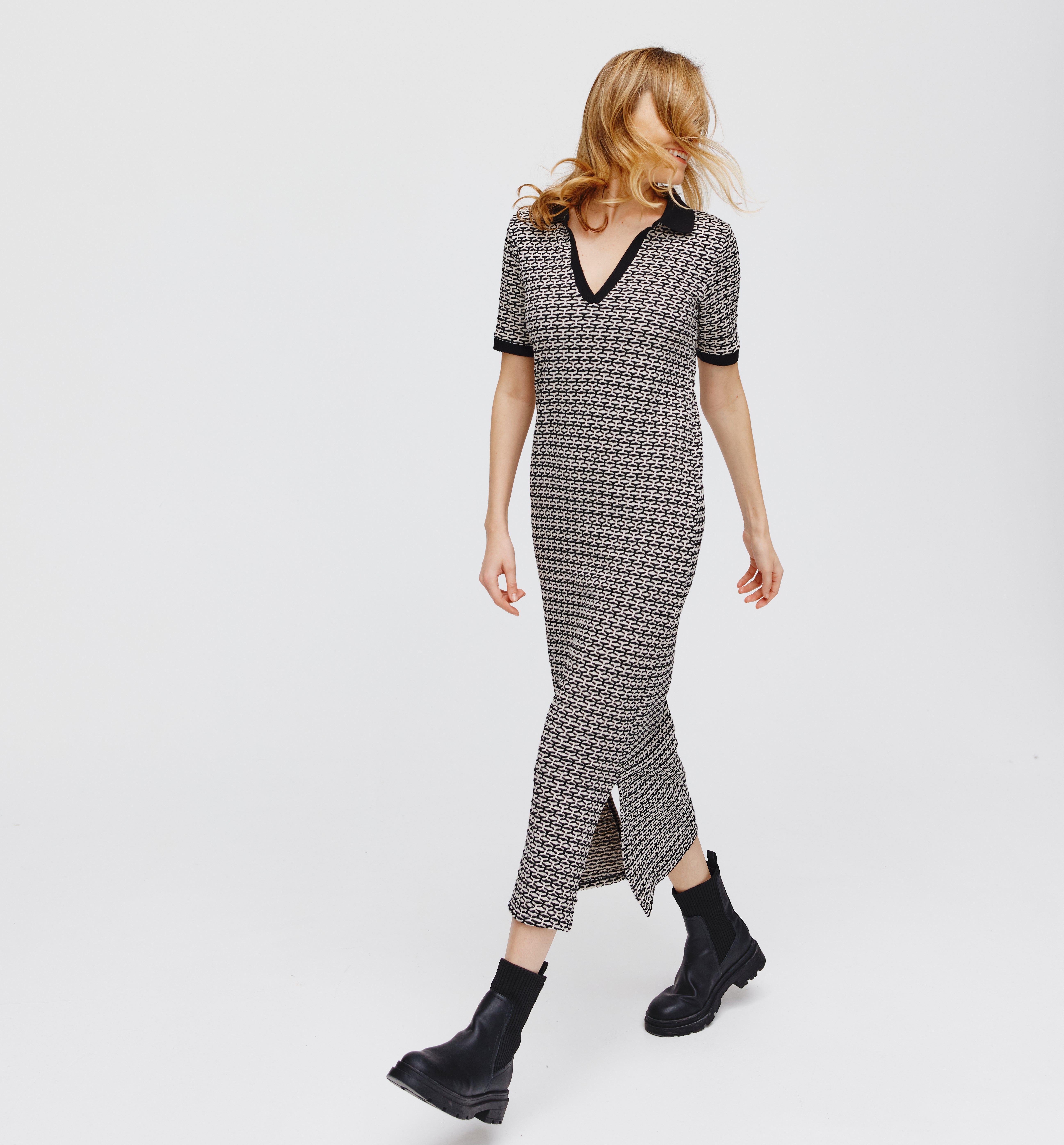 Long polo knit dress - Black print