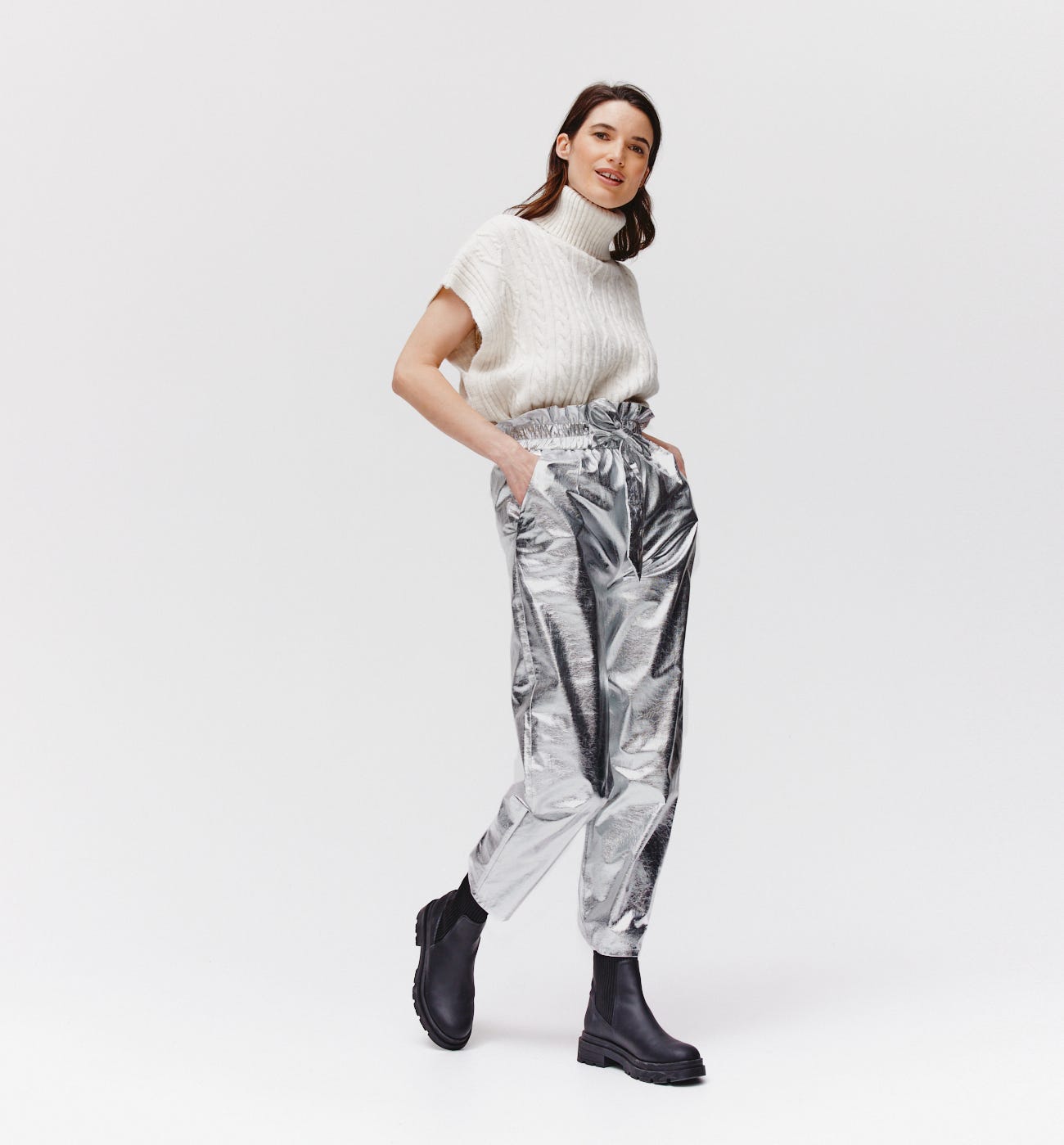 Pantalon paper bag effet alu