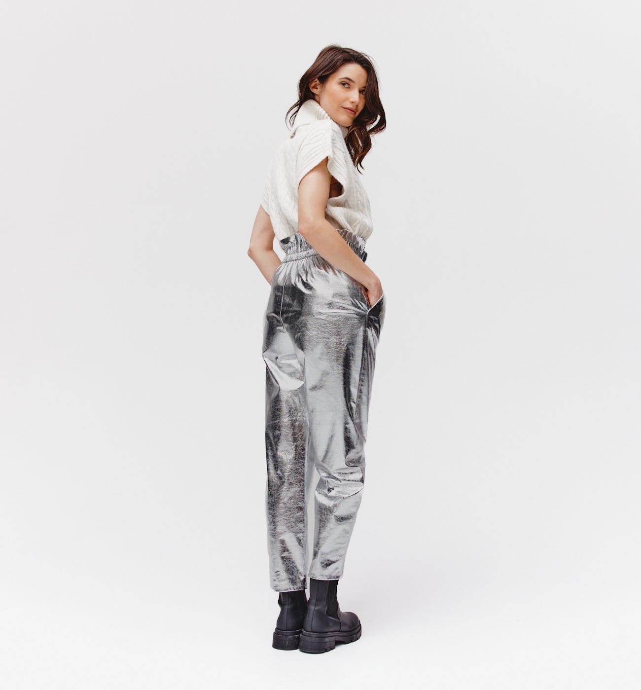 Pantalon paper bag effet alu