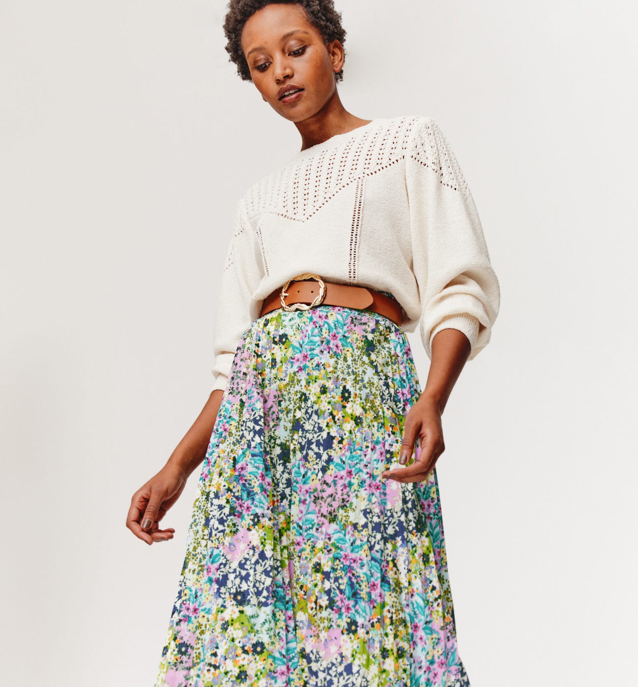 Long patterned pleated skirt