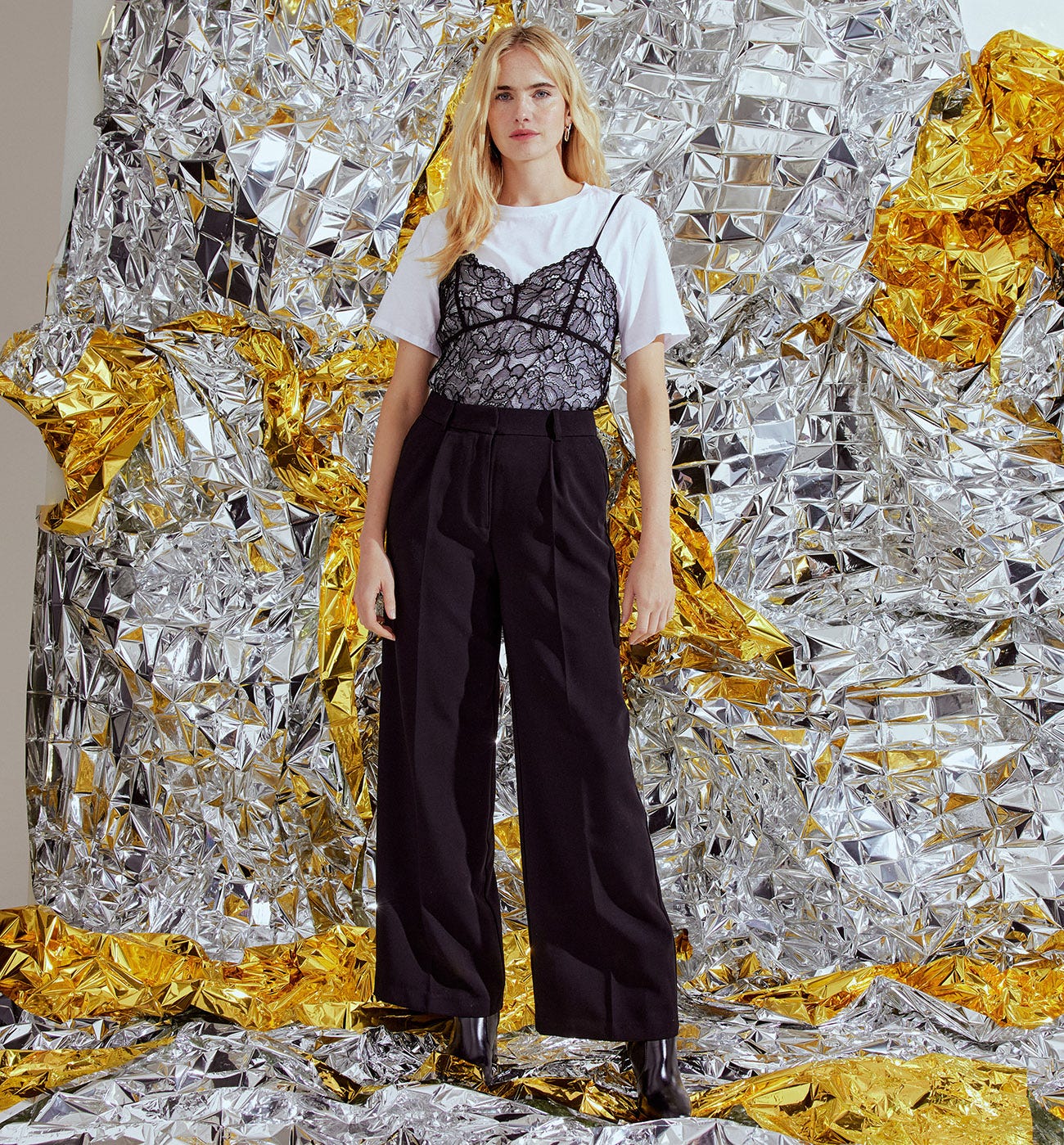 Wideleg lace detail trousers