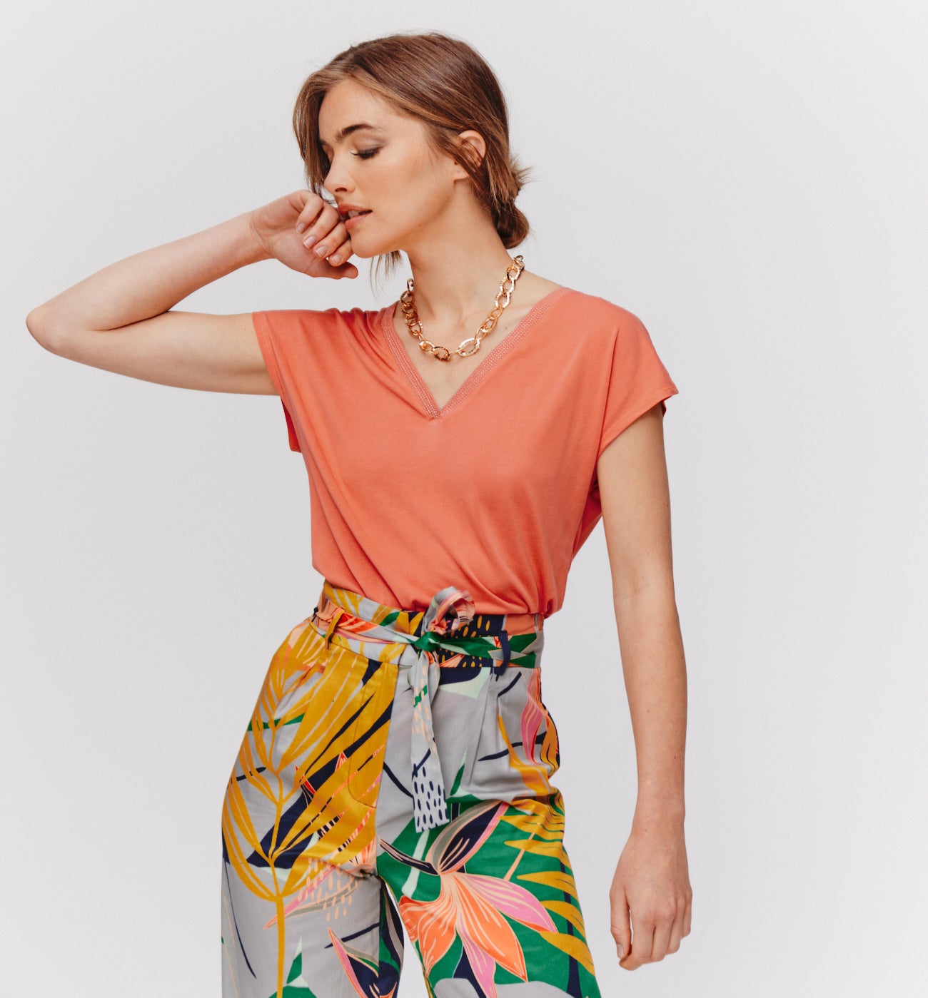 Glitzy V neck Top Coral