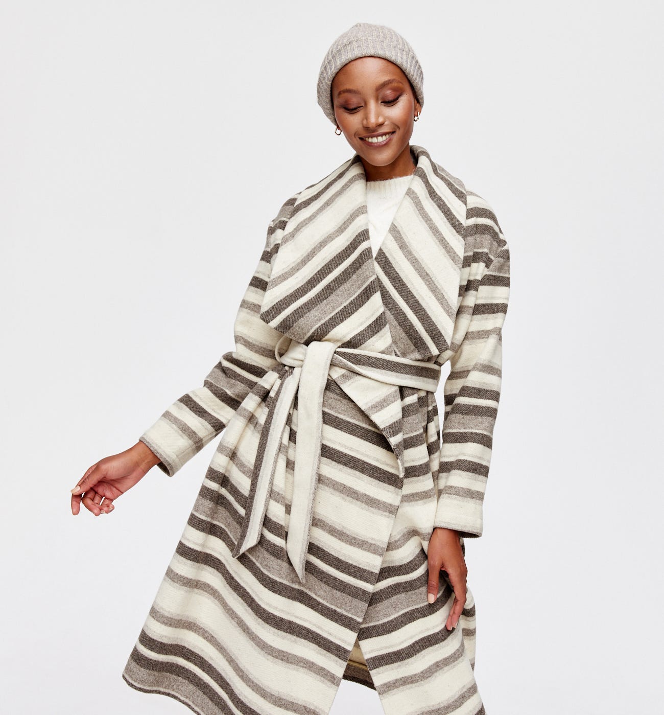 Striped wool-blend coat