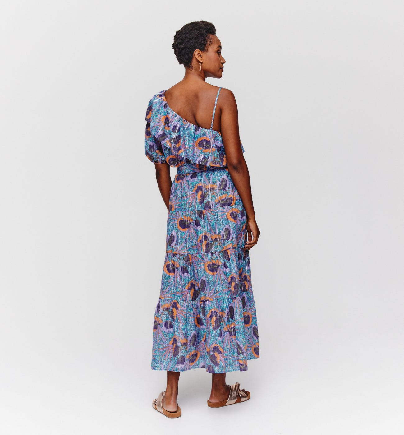 Long patterned frilly skirt