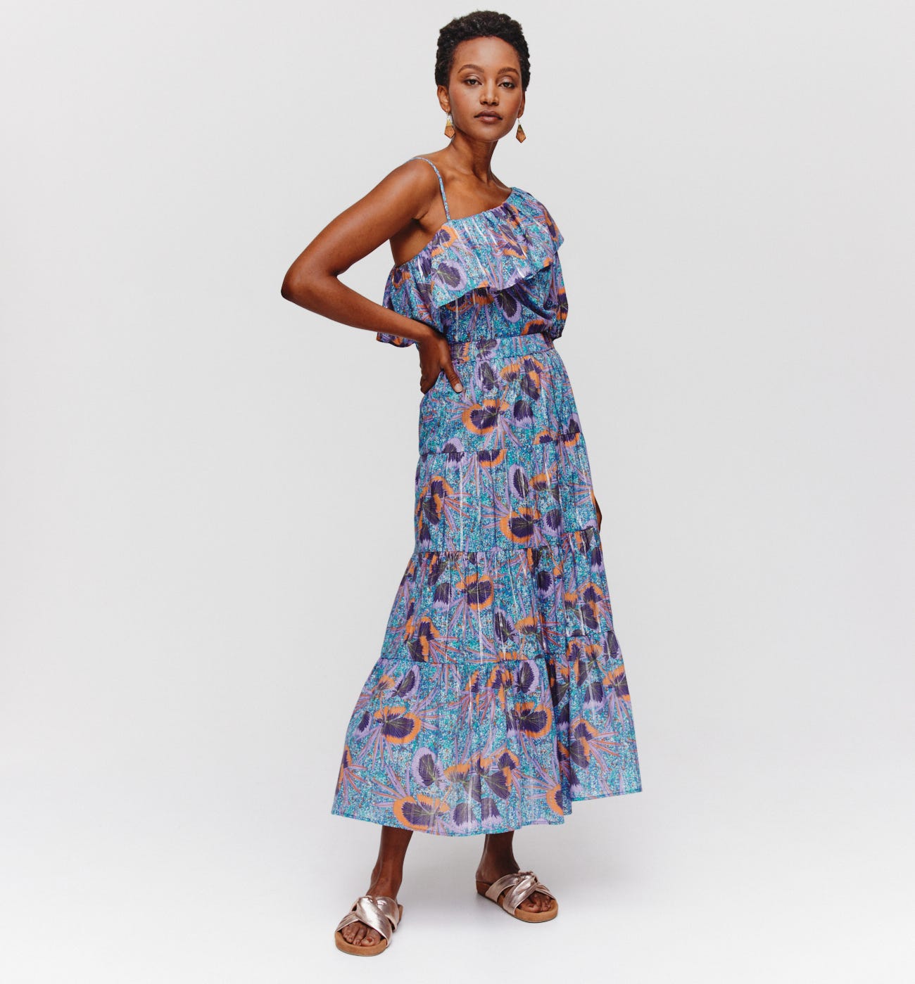 Long patterned frilly skirt