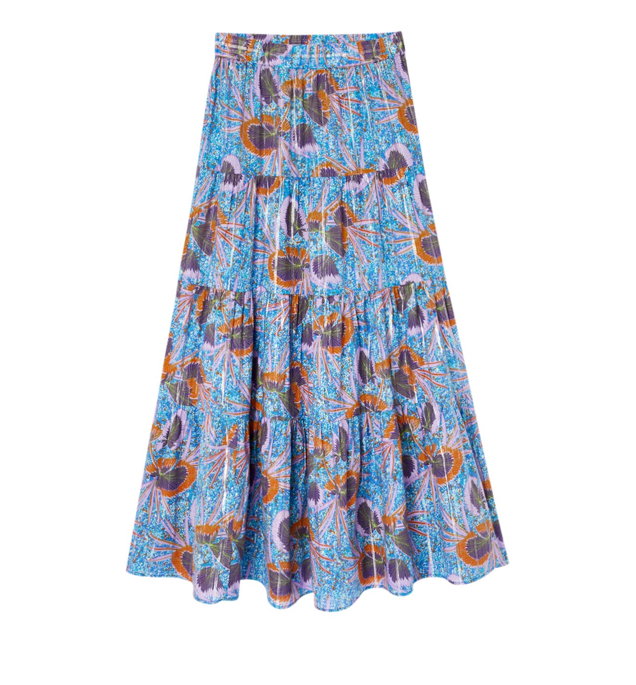 Long patterned frilly skirt
