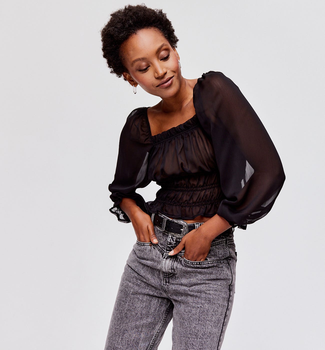 Blouse smockée en voile Femme