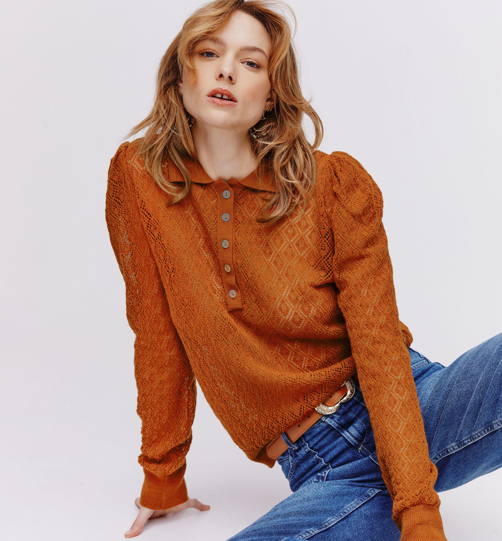 Pull polo maille ajourée Femme