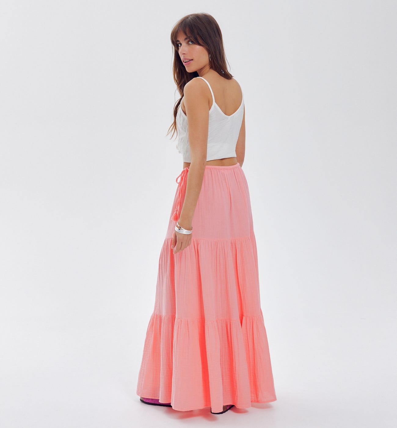 Long skirt in cotton gauze Coral