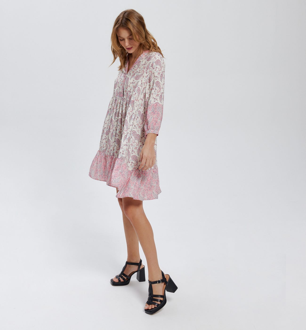 Patterned baby doll dress Ecru print