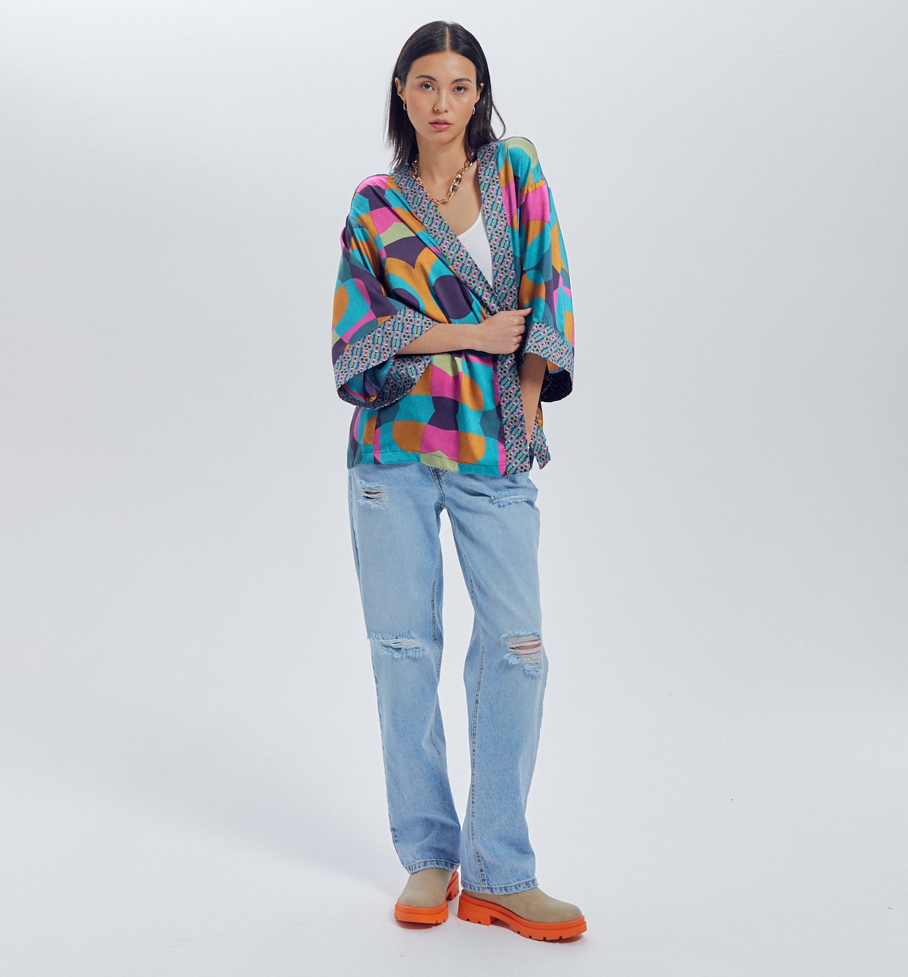 Patterned satin kimono Navy blue print