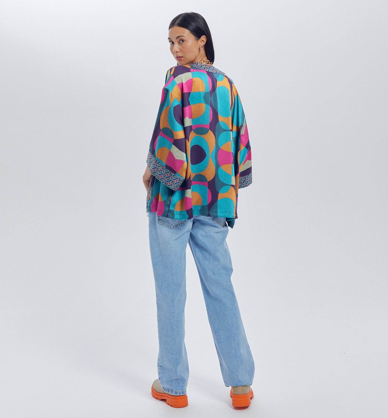 Patterned satin kimono Navy blue print