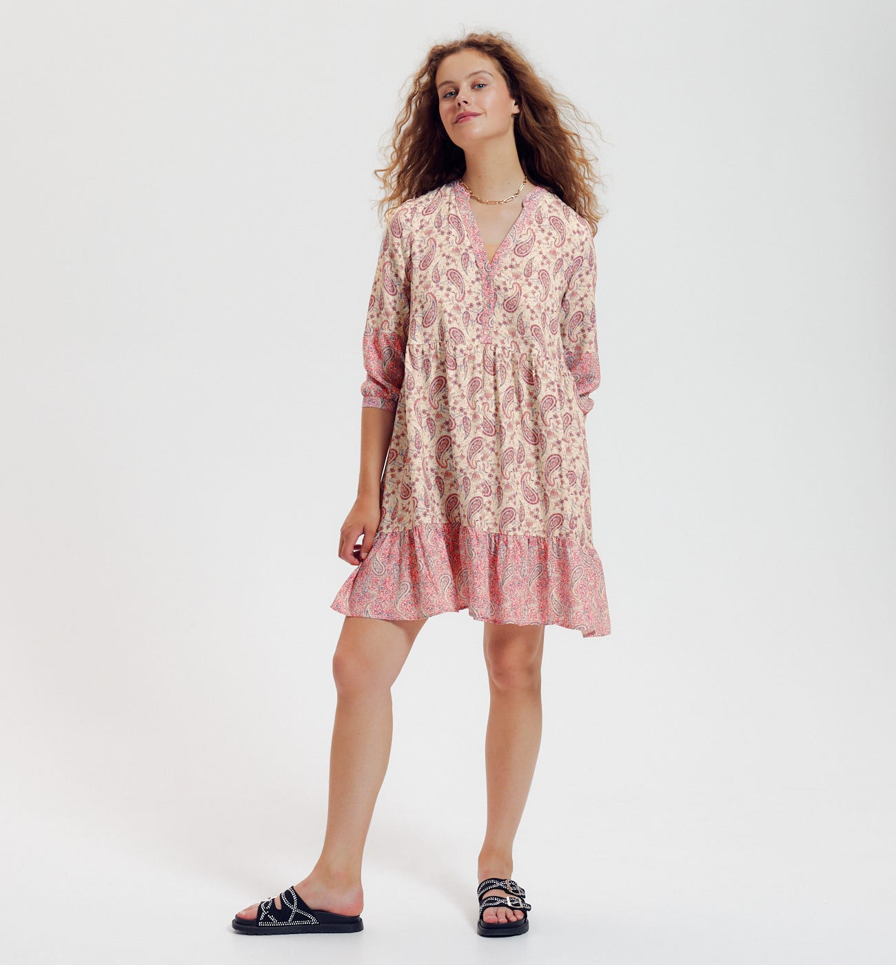 Patterned baby doll dress Ecru print