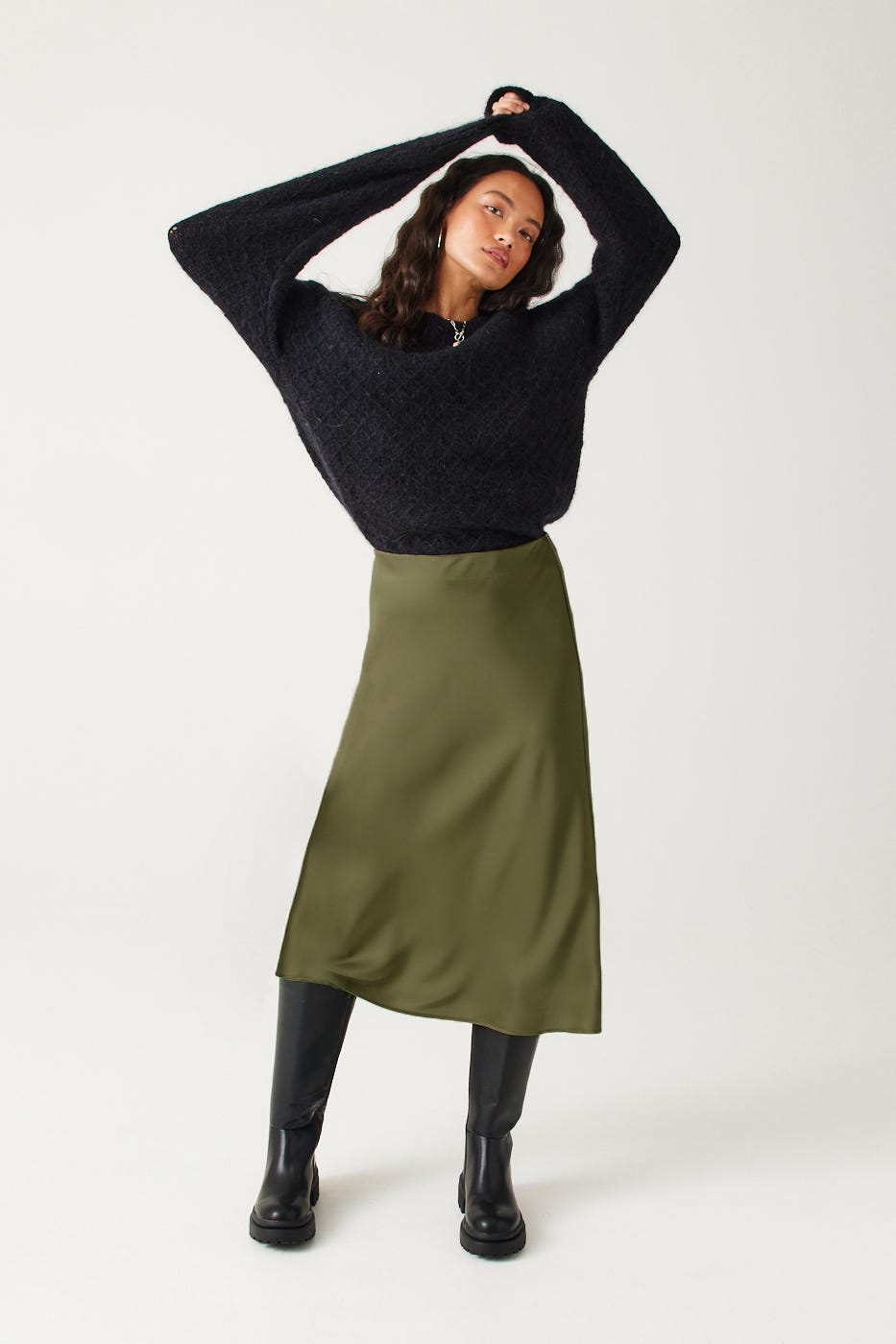 Jupe midi en satin Femme