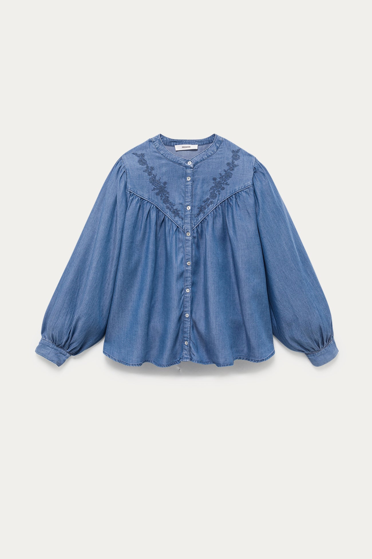 M*e様 seya. PUFFY SHIRT SILK DENIM BLOUSO Soie Zenith Blue Oversized 100% Silk Shirt – camixa.com