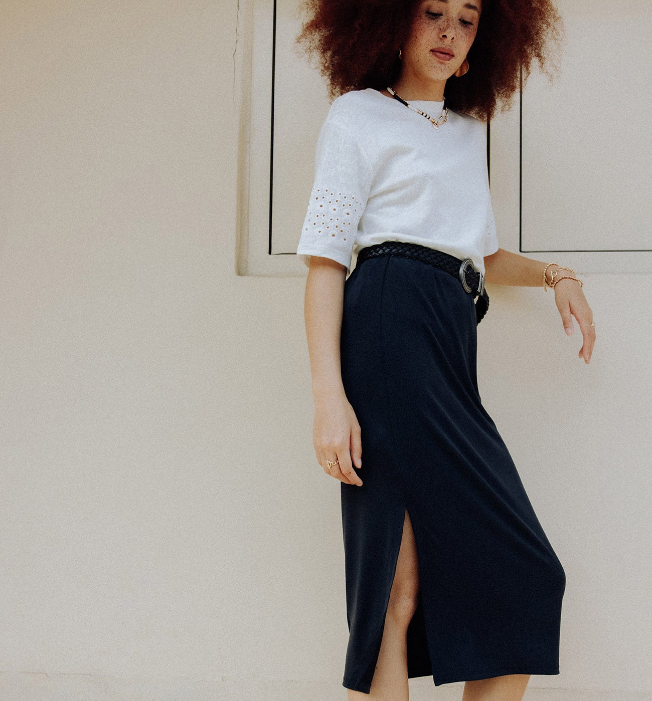 Rib Slit Midi Skirt Black
