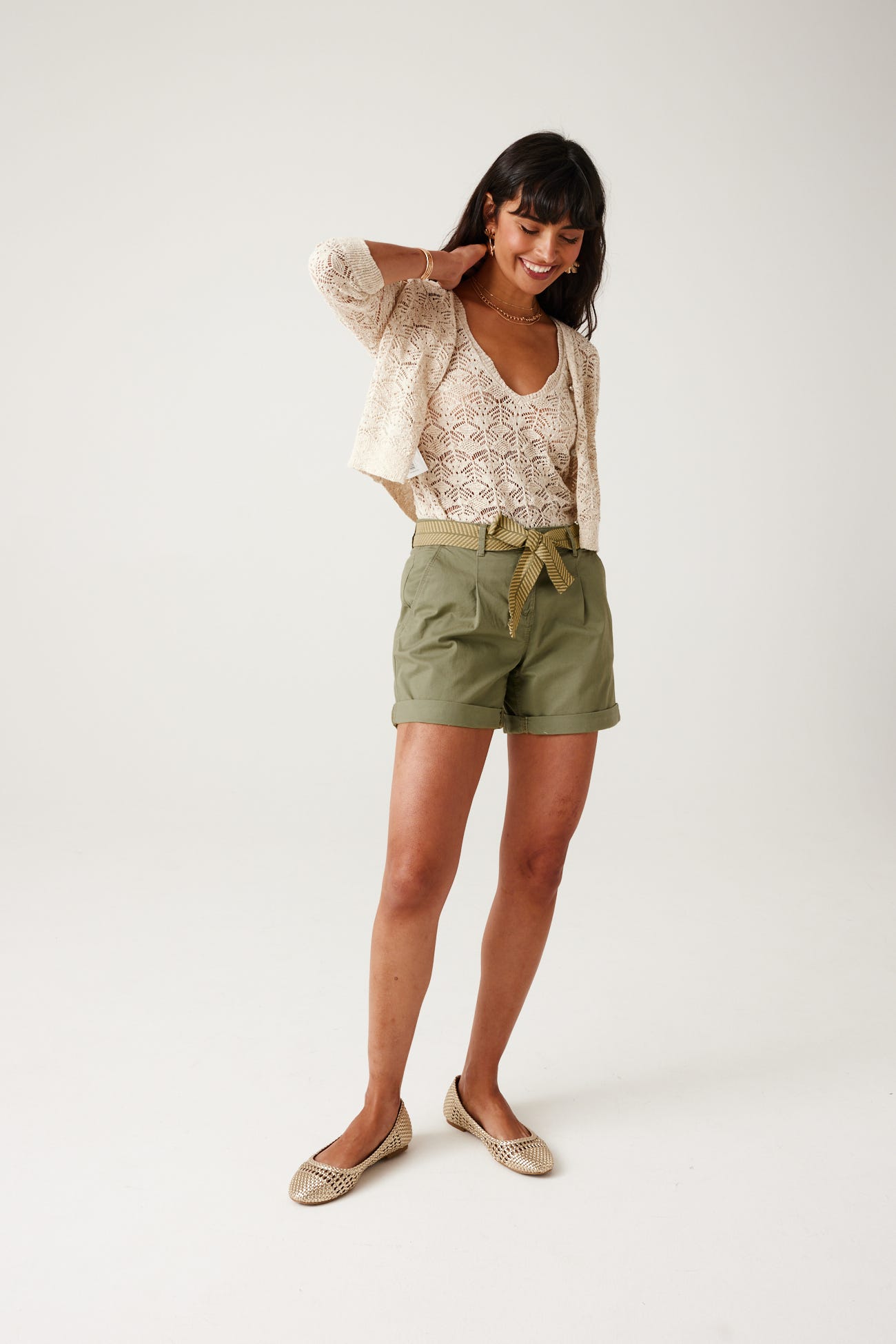 Belted pleated shorts