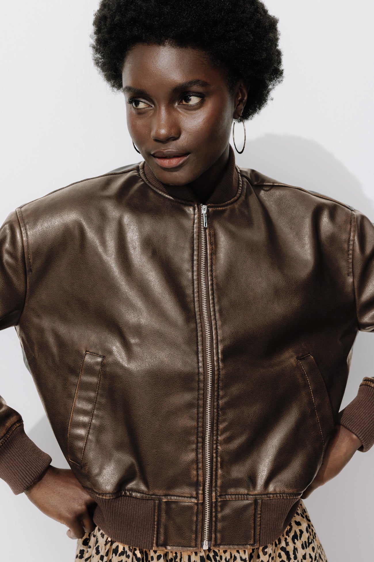 Faux leather bomber jacket - Chestnut brown