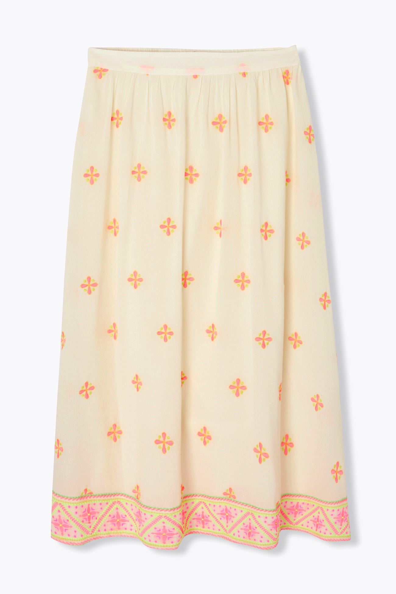 Jupe midi broderies fluo
