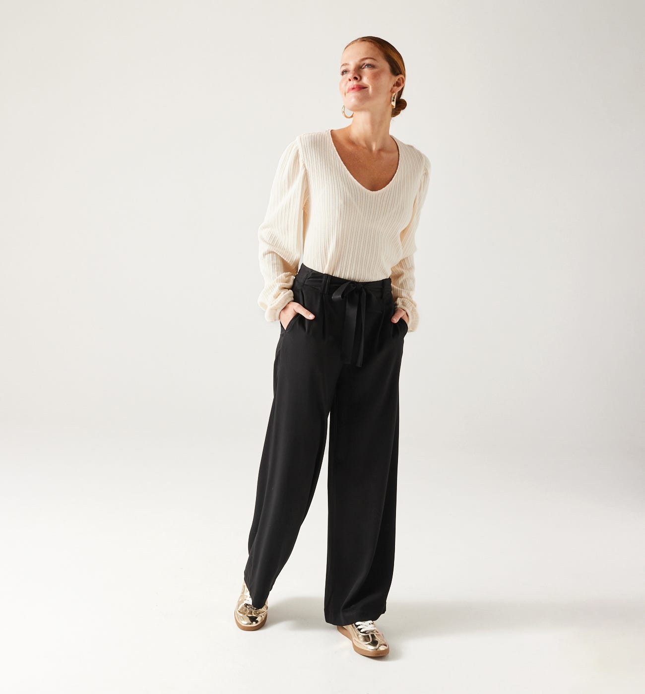 Pantaloni Larghi Donna A Palazzo, Vita Elastica Con Tasche, Modello Harem In Cotone, Taglie S-XL