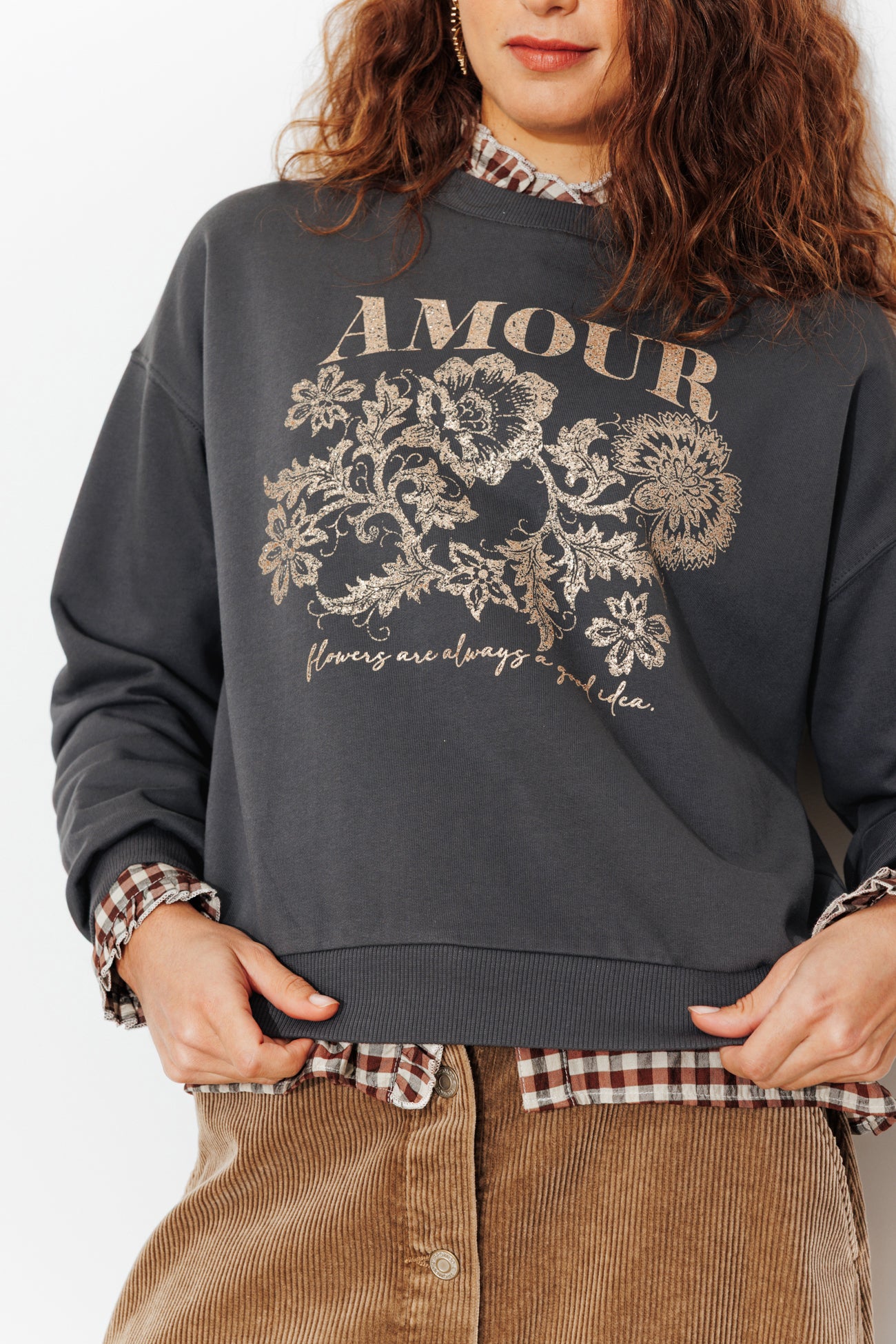 Promod Sweat Femme Amour Sweat-shirt AMOUR Paillettes Imprimé Gris