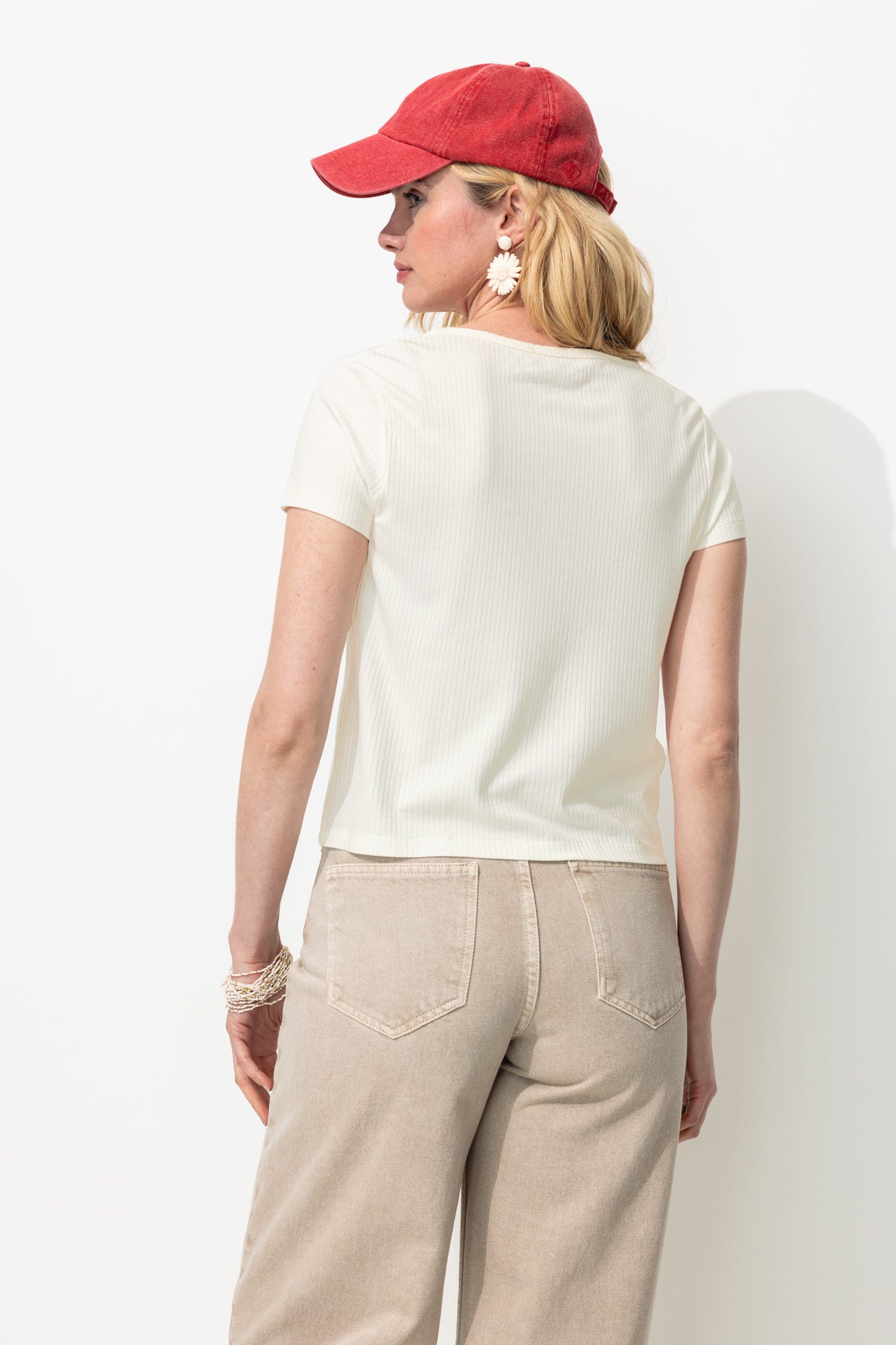 T-shirt côtelé col V Femme