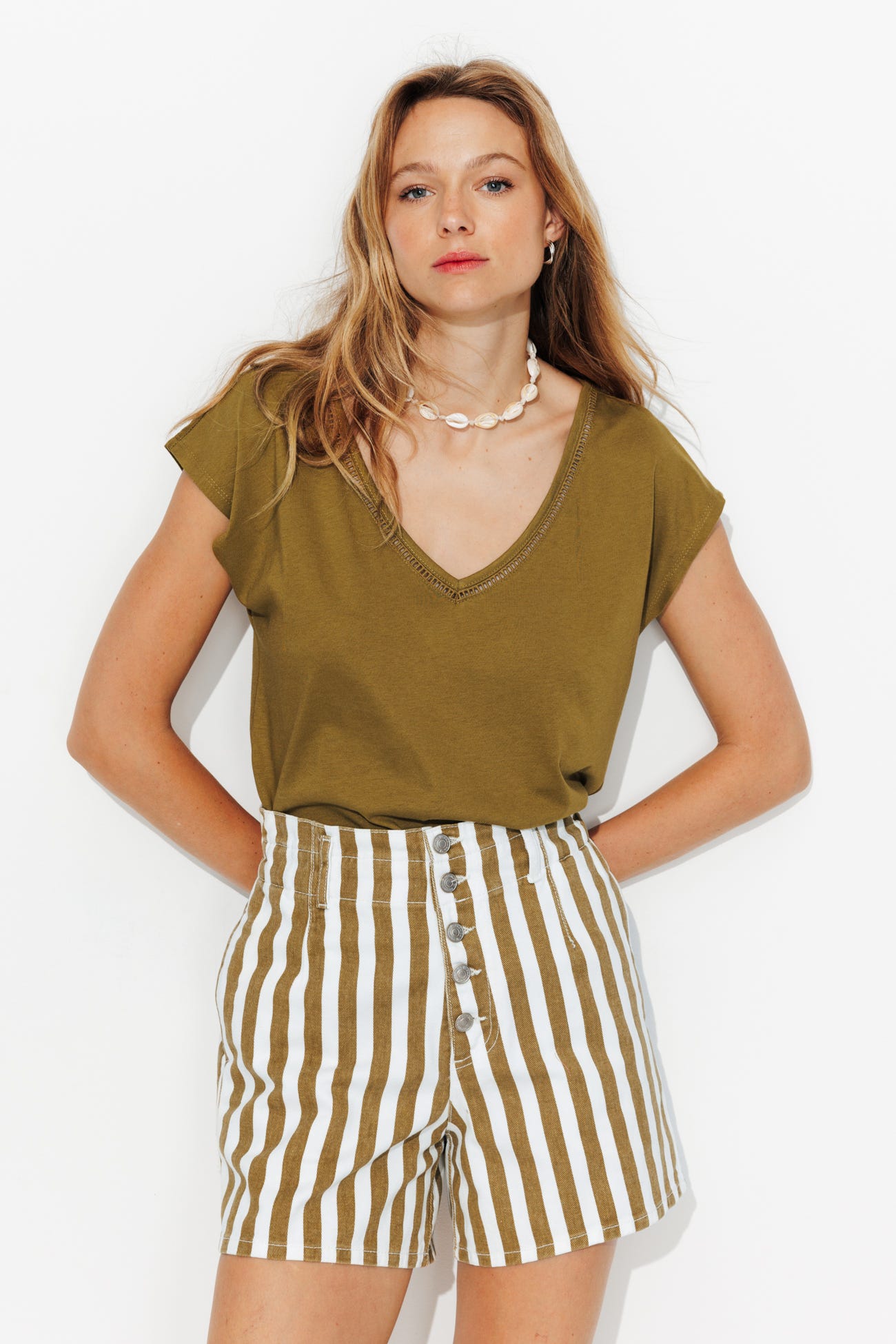 T-shirt col V uni Femme