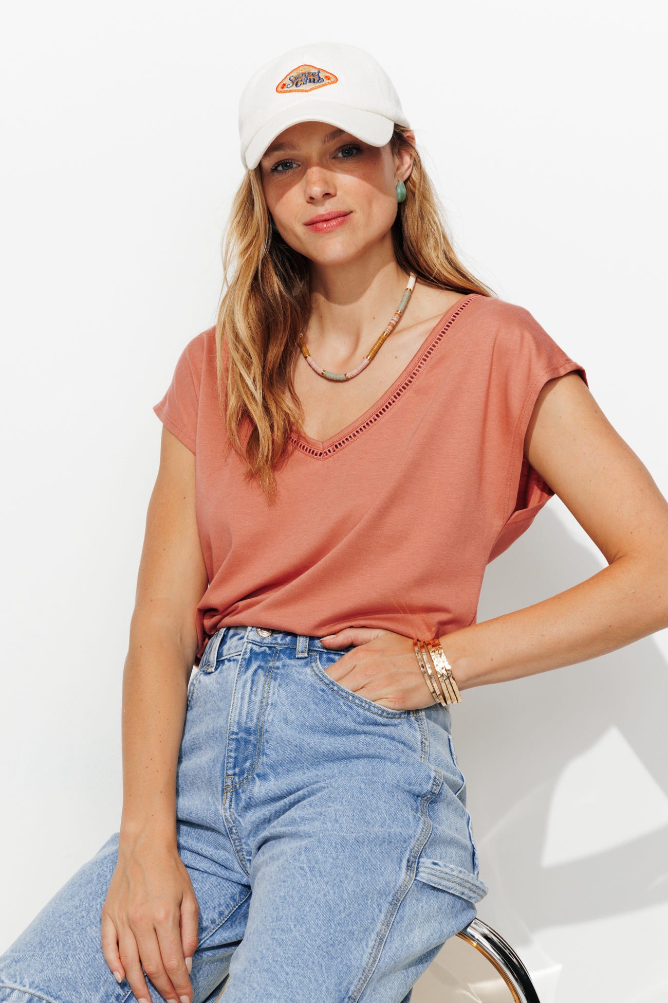 T-shirt col V uni Femme