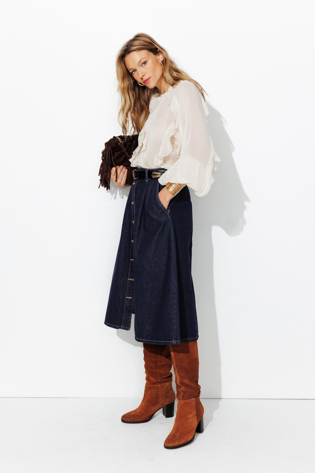 Denim flared midi skirt