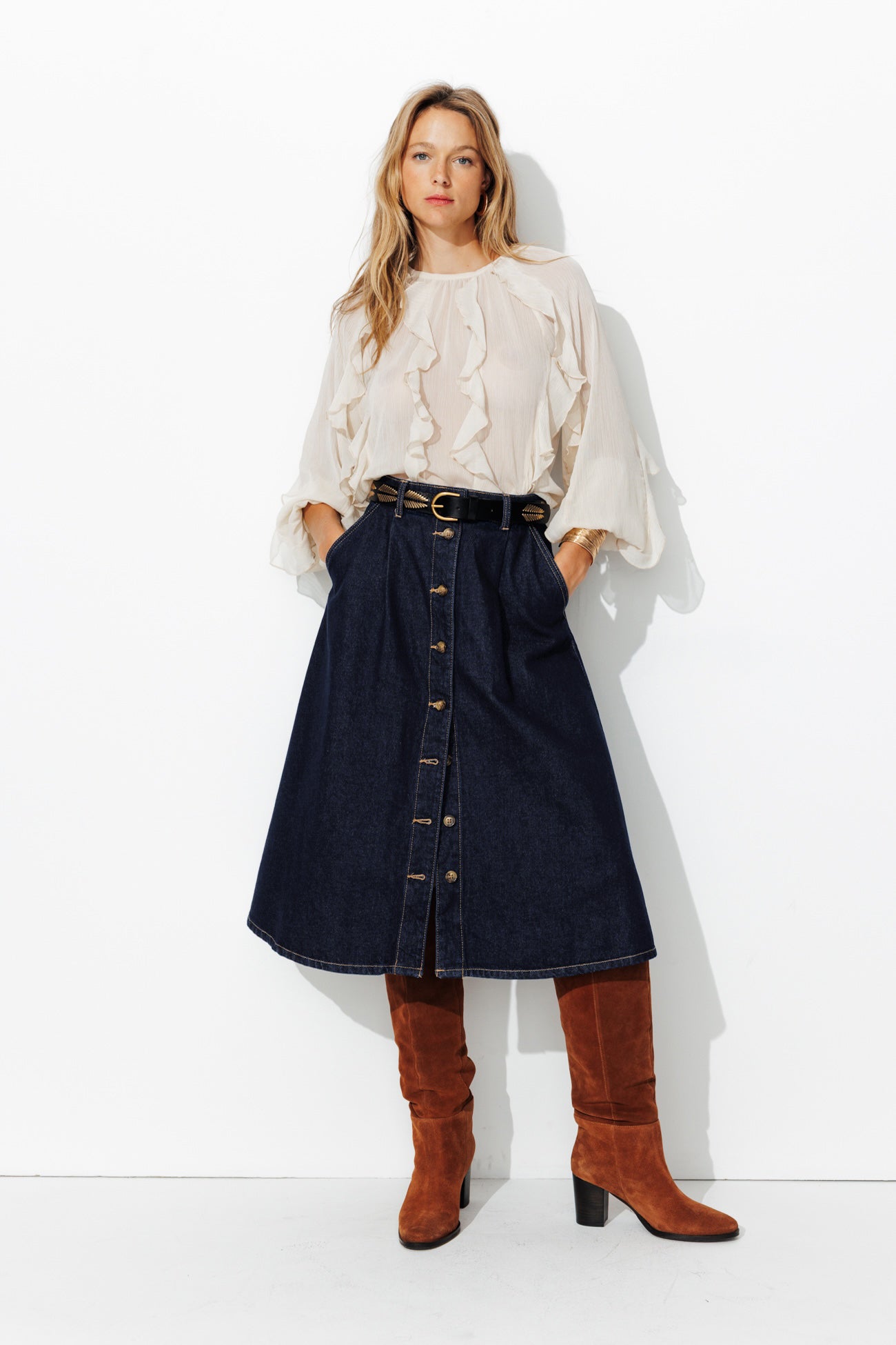 Denim flared midi skirt - Rinse denim