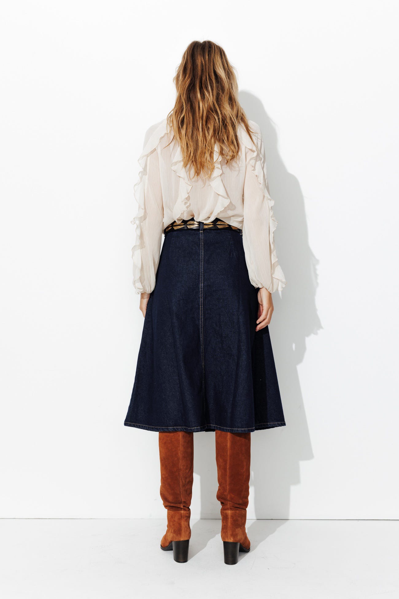 Denim flared midi skirt
