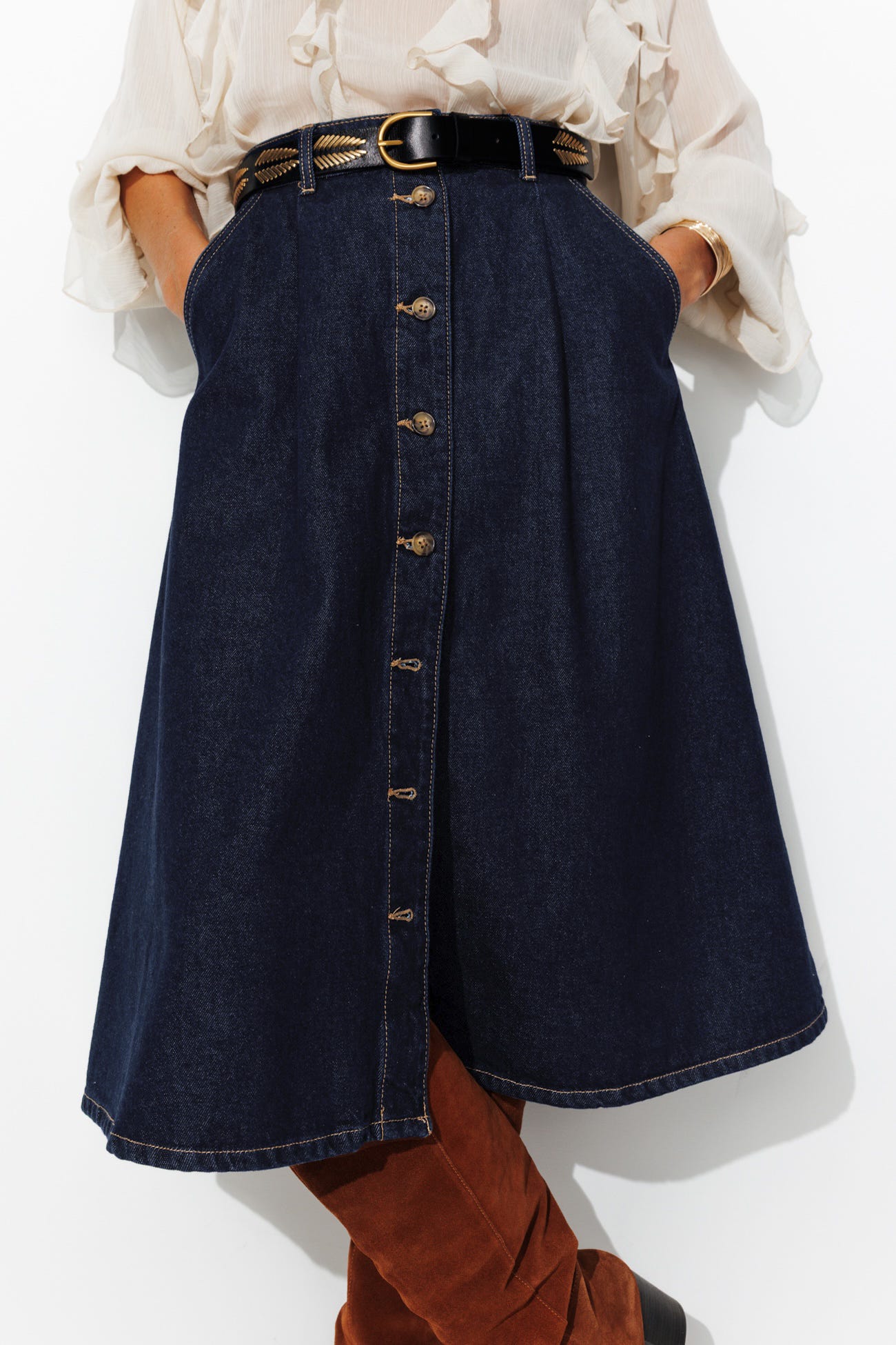 Denim flared midi skirt